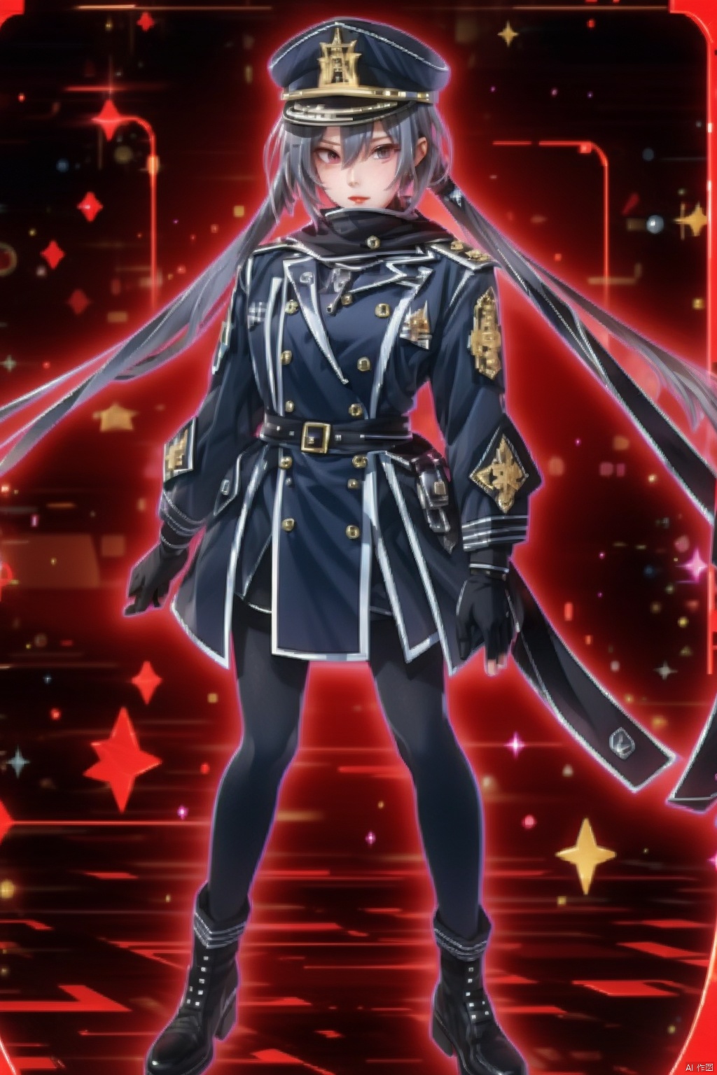 1girl
solo
long hair
looking at viewer
red eyes
gloves
long sleeves
hat
hair between eyes
twintails
standing
full body
grey hair
pantyhose
boots
black gloves
scarf
black footwear
black pantyhose
black headwear
peaked cap
military hat
black scarf