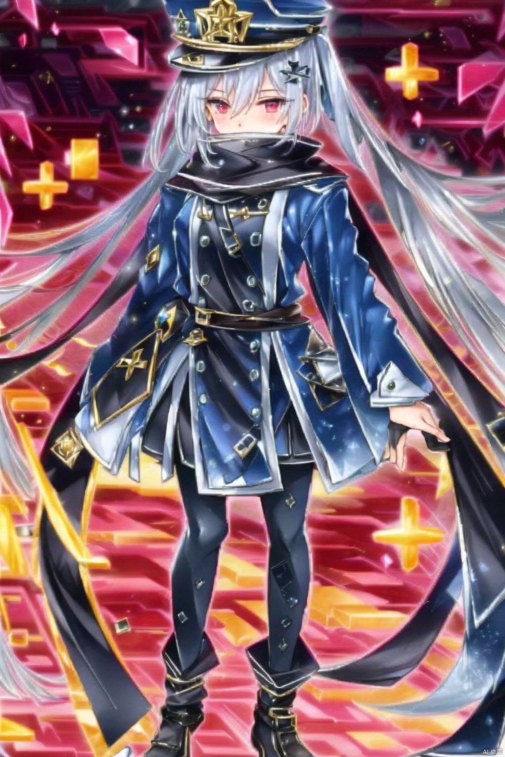 1girl
solo
long hair
looking at viewer
red eyes
gloves
long sleeves
hat
hair between eyes
twintails
standing
full body
grey hair
pantyhose
boots
black gloves
scarf
black footwear
black pantyhose
black headwear
peaked cap
military hat
black scarf