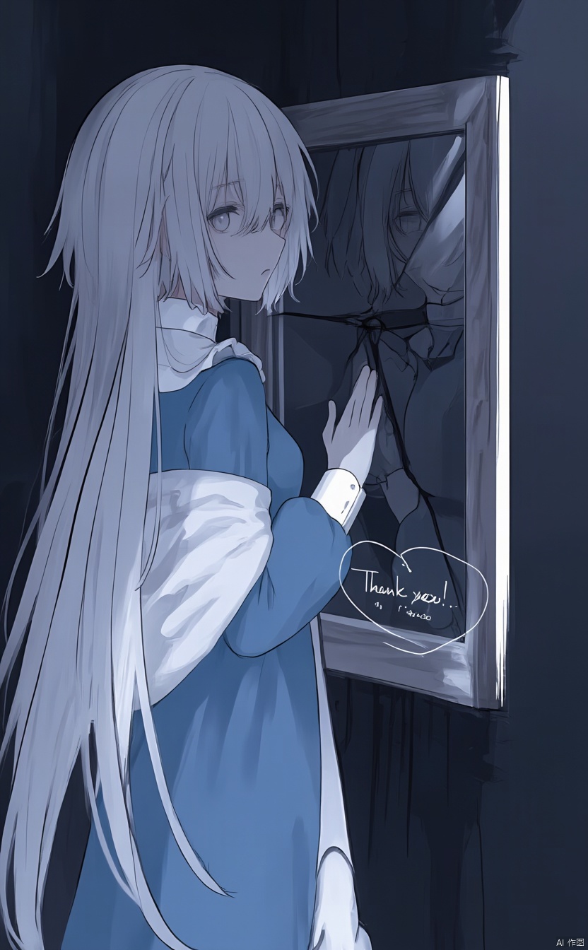 The image is a digital illustration of a young girl with long white hair and bangs. She is standing in front of a mirror,...