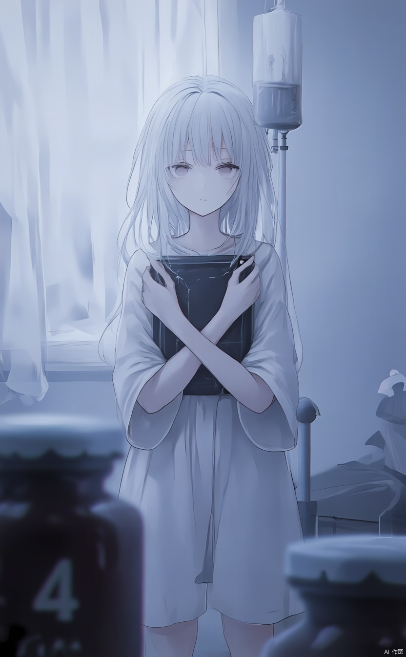 The image is an illustration of a young girl with long white hair and bangs,  standing in front of a window with sheer cur...