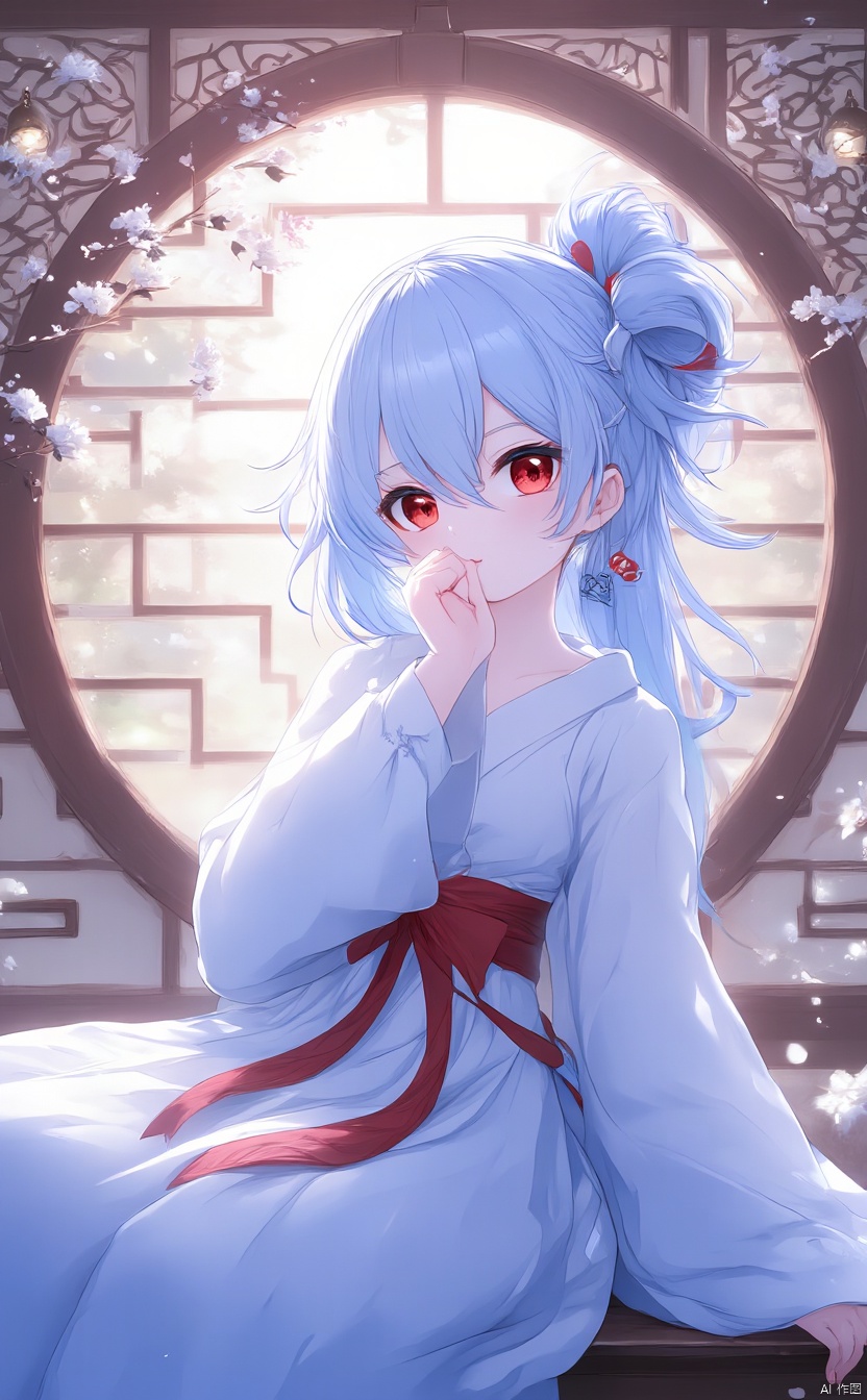 The image is an illustration of a young girl with long blue hair and red eyes. She is wearing a white kimono with a red ri...