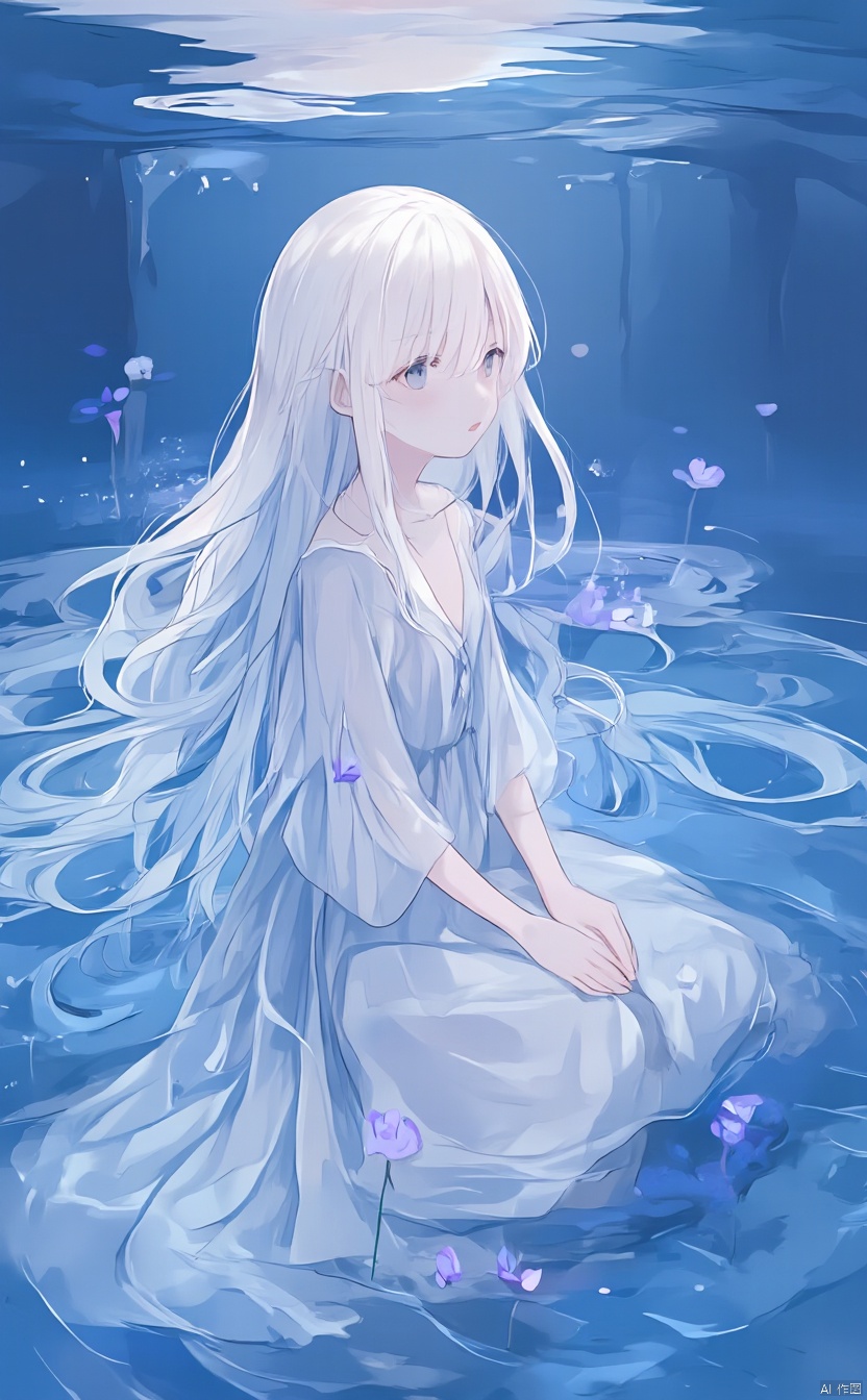 The image is an illustration of a young girl with long white hair,  sitting in a body of water. She is wearing a white dre...