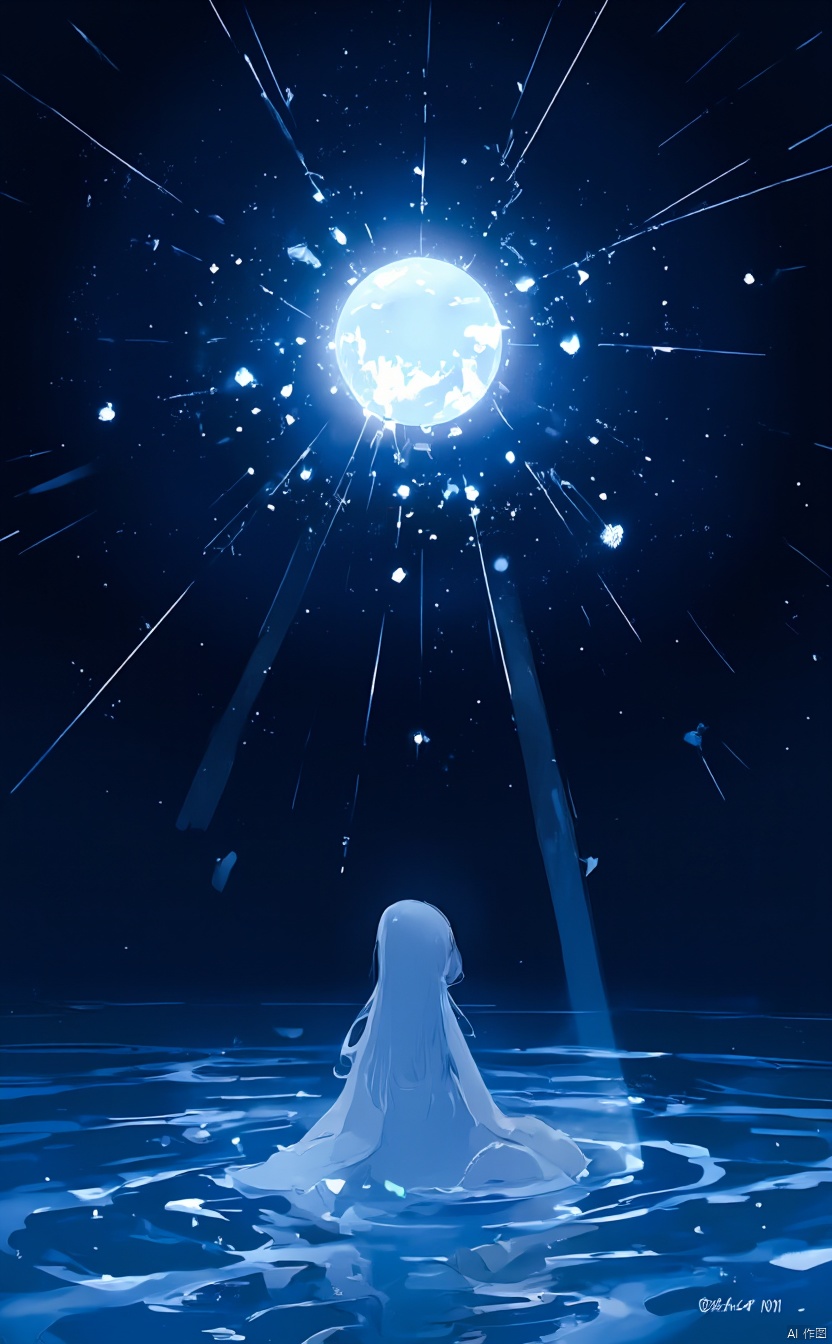 The image is an illustration of a person sitting on the edge of a body of water,  looking up at the sky. The person appear...