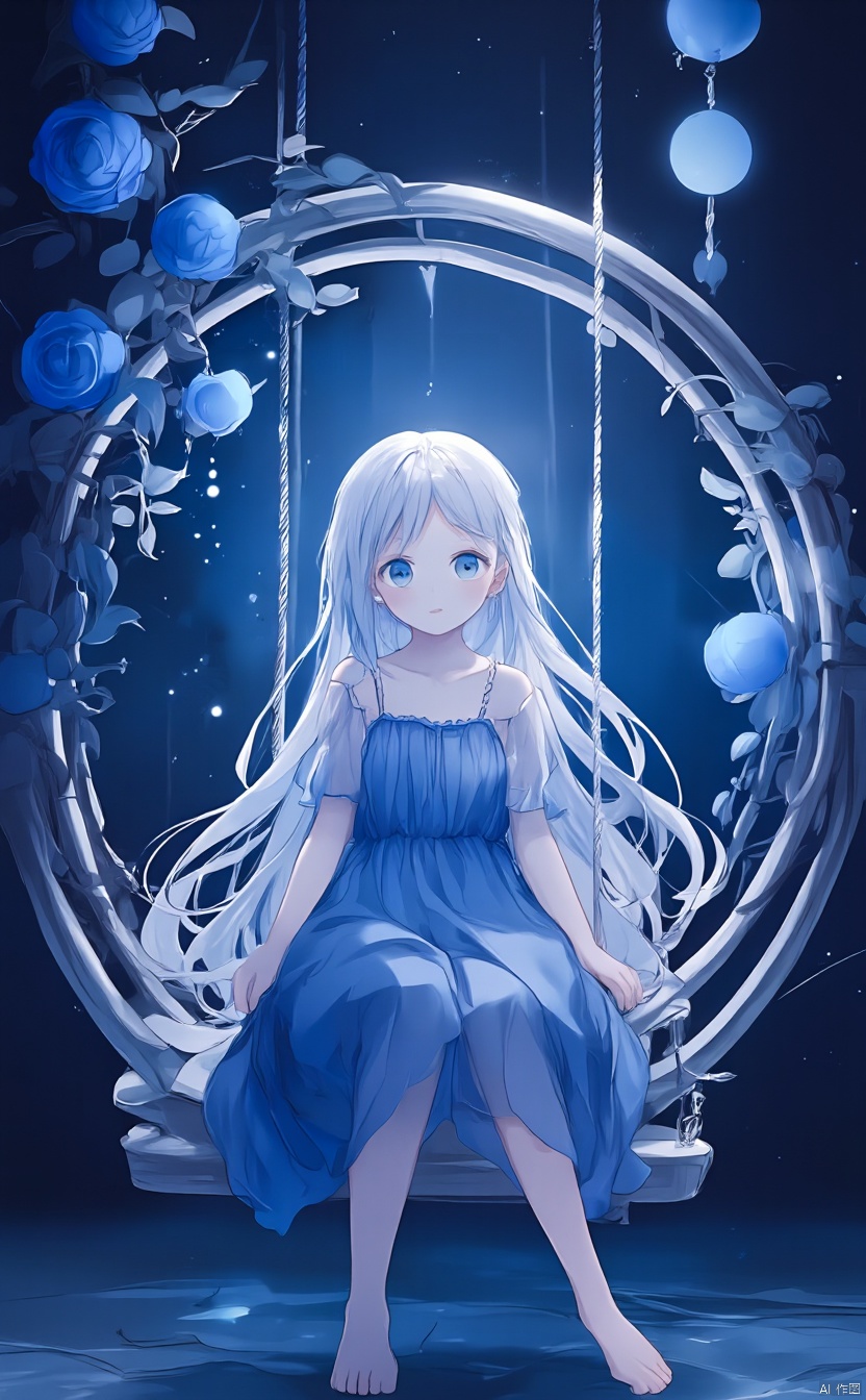 The image is an illustration of a young girl sitting on a swing. She is wearing a long blue dress with white hair and blue...