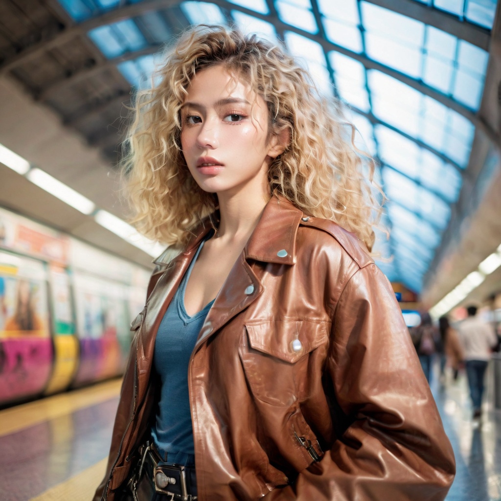 Realistic 16K resolution photography of 1girl with big blond curly hair,  wearing a brown loose leather jacket and leather...