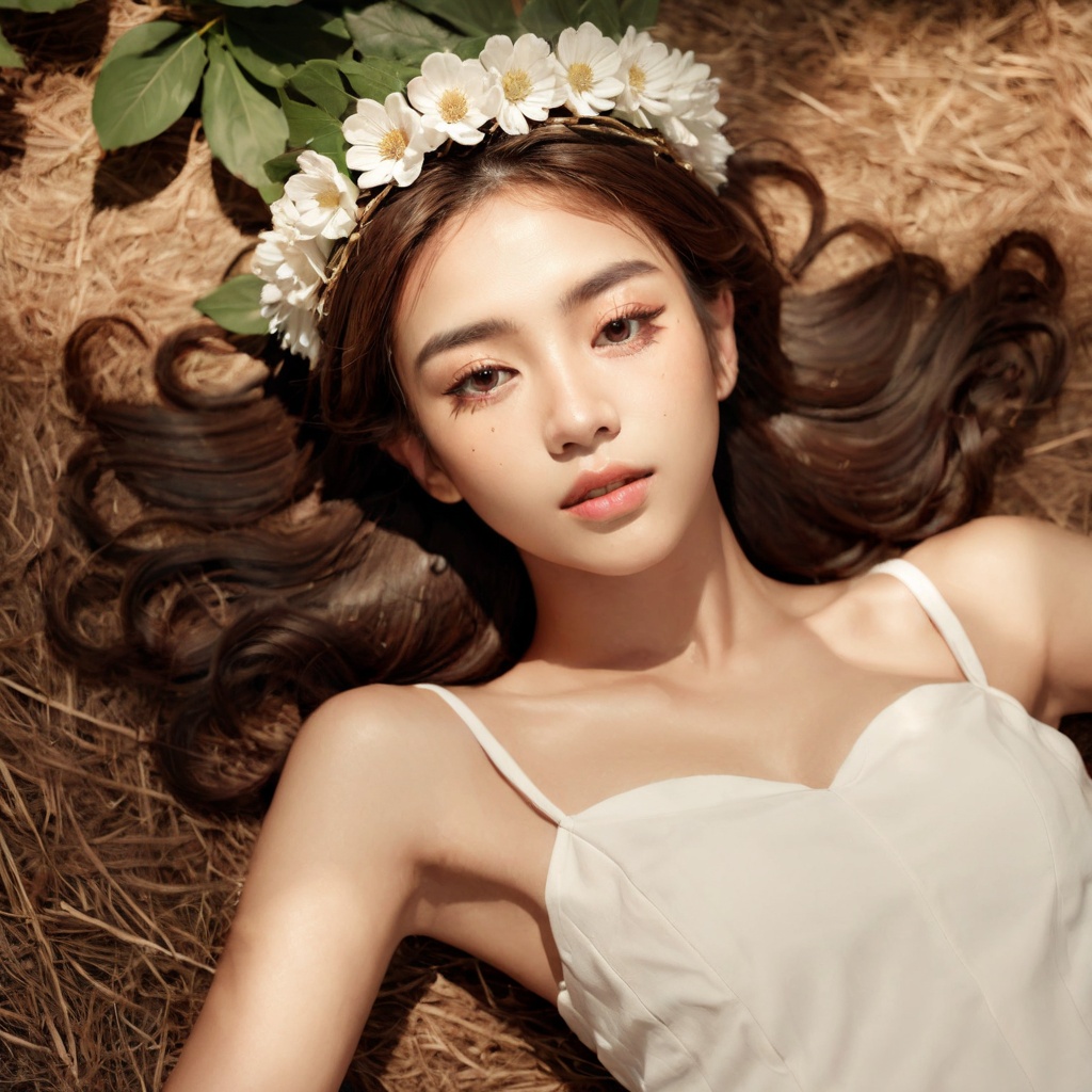 Realistic 16K resolution photography of 1girl with a simple white flower crown on her head. Her hair is long and she is ly...