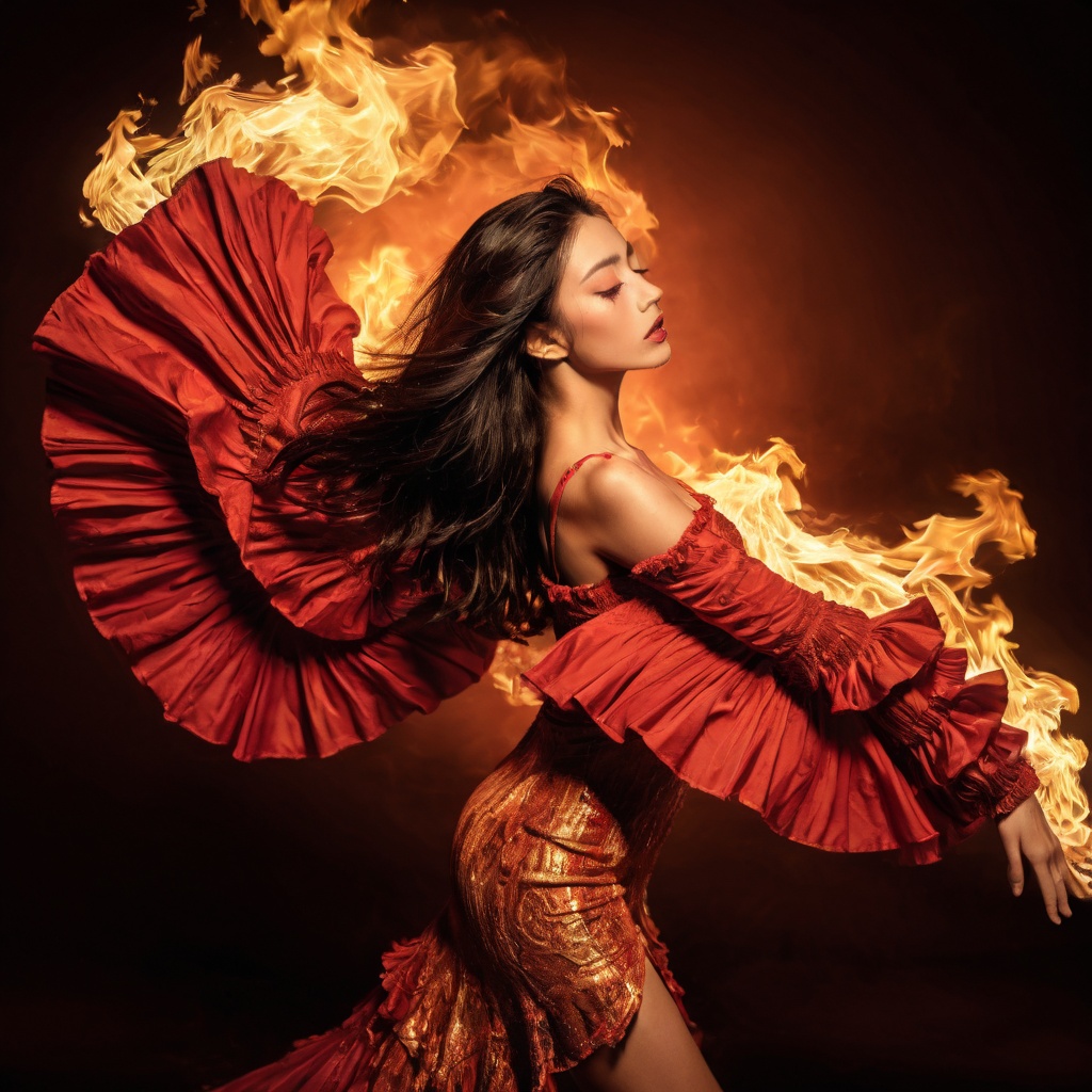Realistic 16K resolution photography of 1girl who is passionate Spanish flamenco dancer,  her body ablaze with vibrant fla...