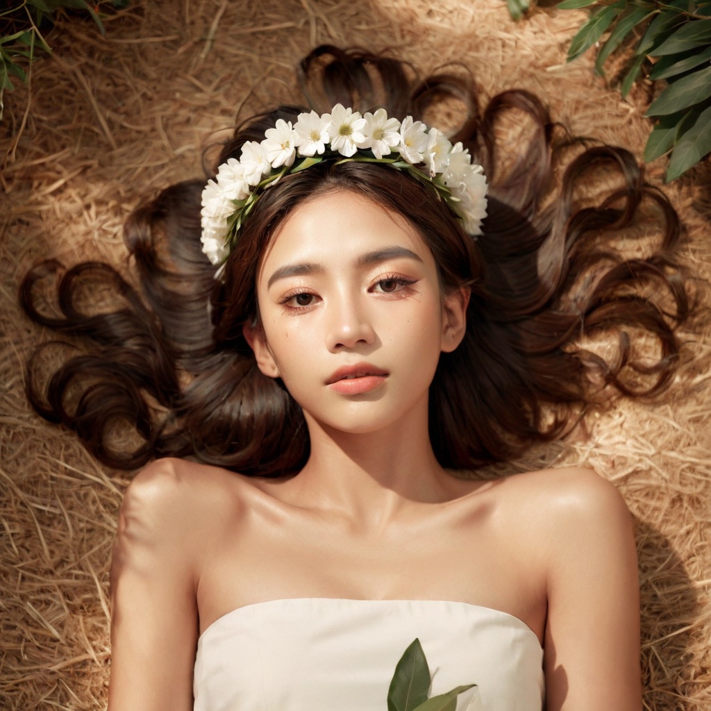 Realistic 16K resolution photography of 1girl with a simple white flower crown on her head. Her hair is long and she is ly...