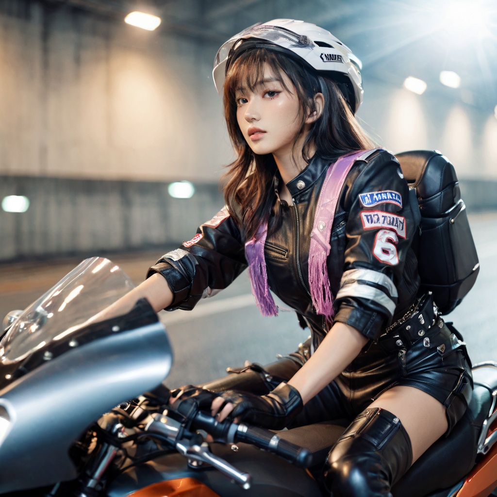 Realistic 16K resolution photography of 1girl riding motorbike,  break,  1girl on Tensor.Art