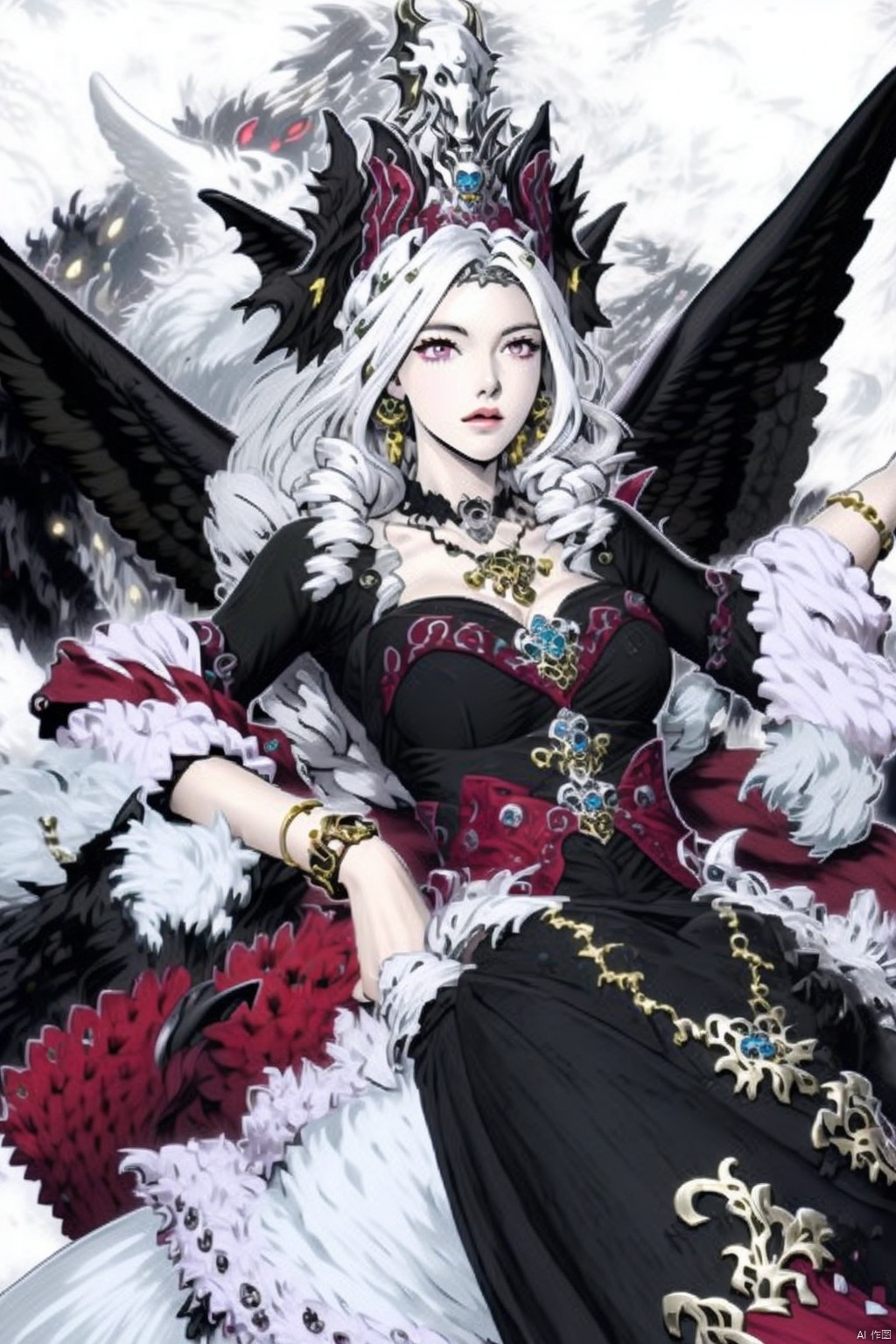 1girl solo red eyes hat dress jewelry white hair wings necklace bracelet drill hair ring