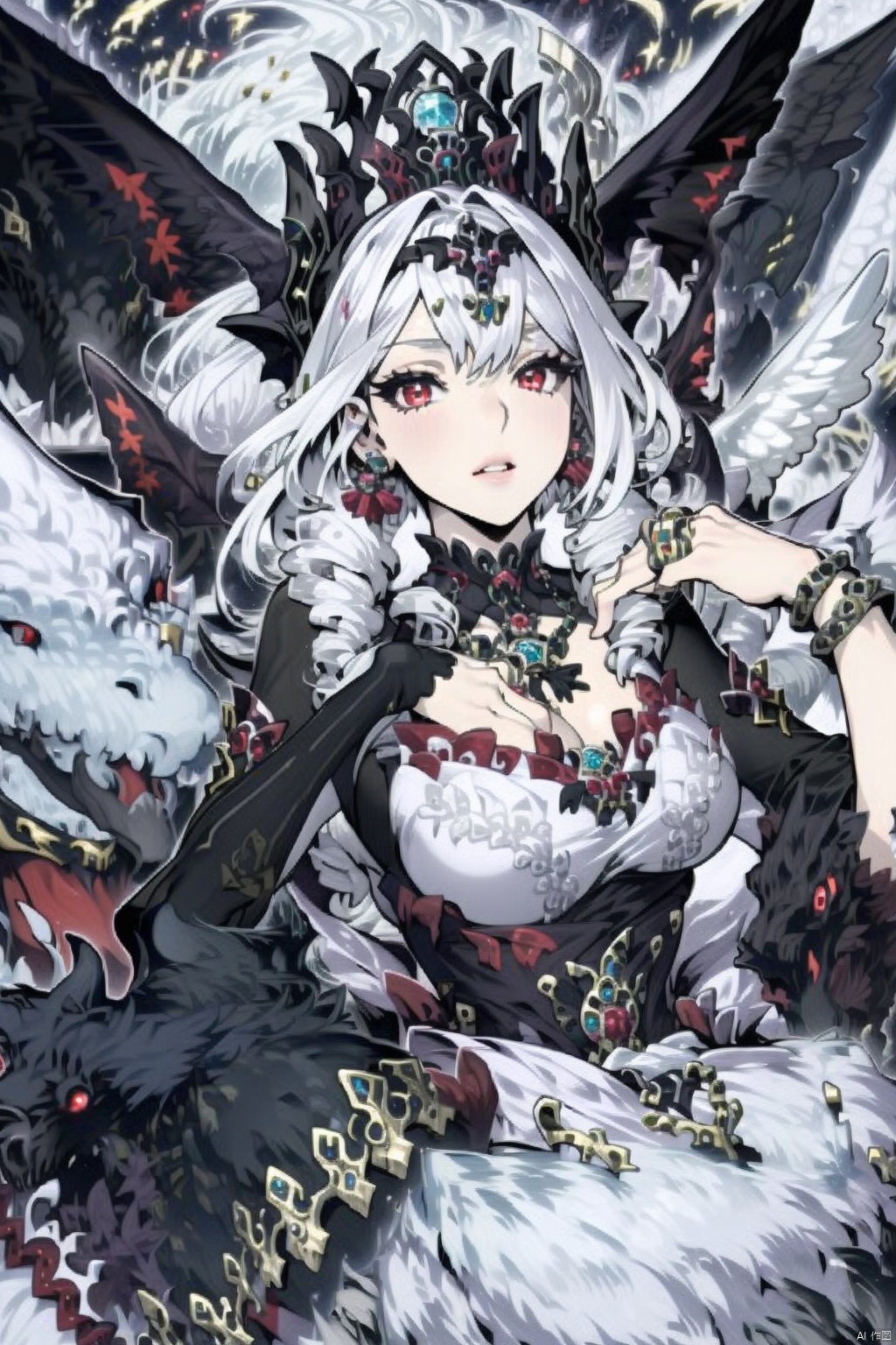 1girl solo red eyes hat dress jewelry white hair wings necklace bracelet drill hair ring