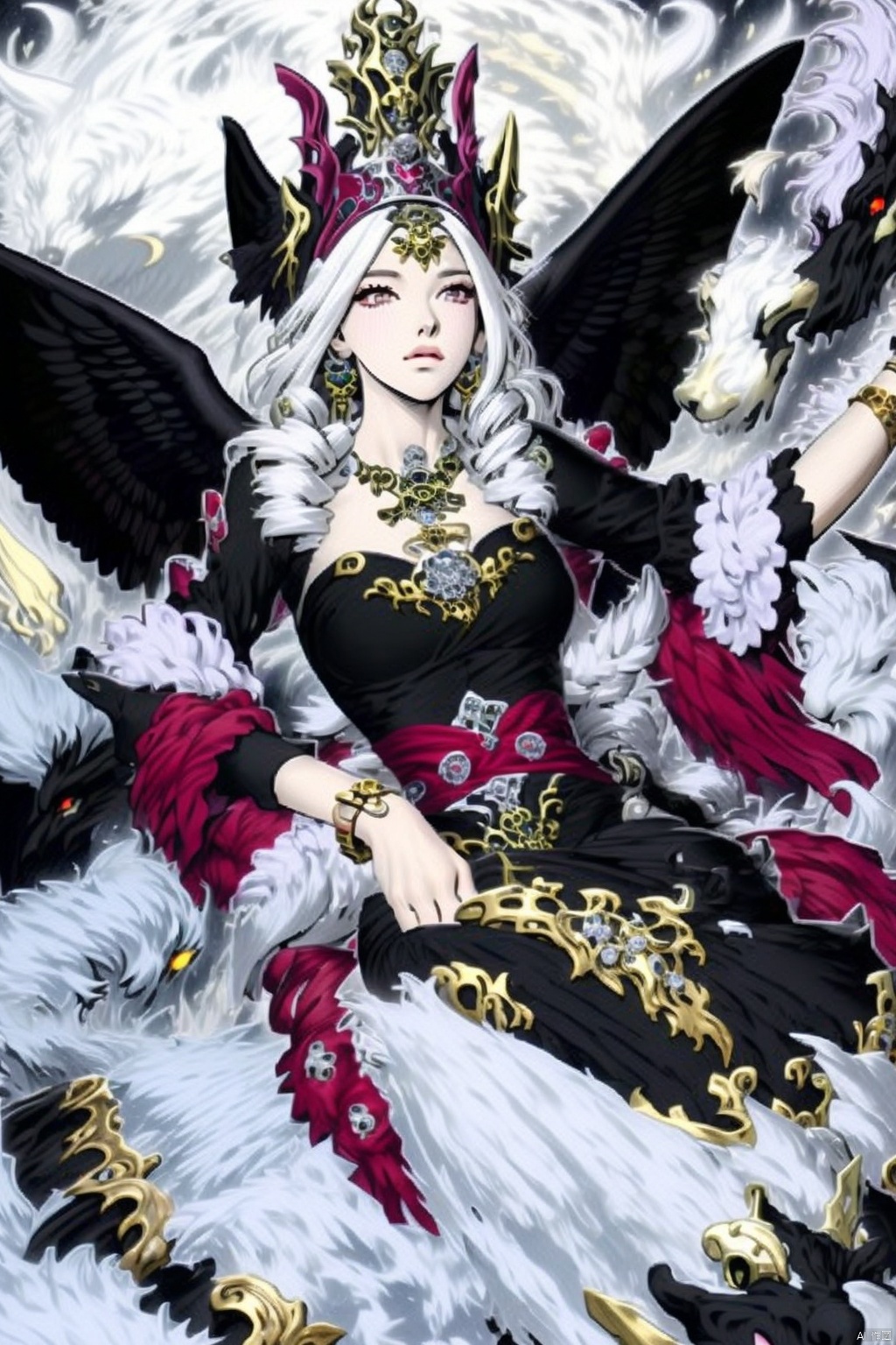 1girl solo red eyes hat dress jewelry white hair wings necklace bracelet drill hair ring