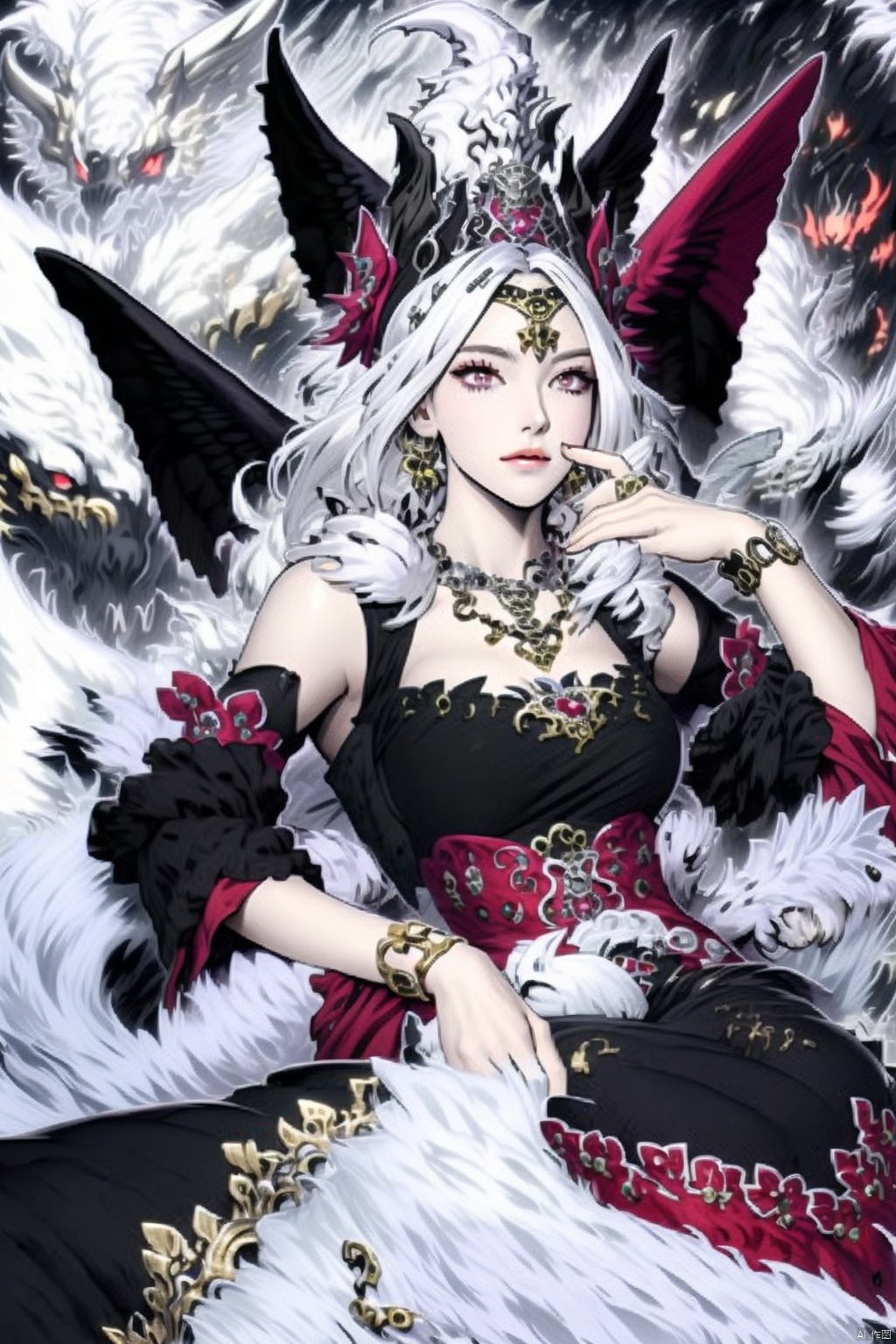 1girl solo red eyes hat dress jewelry white hair wings necklace bracelet drill hair ring