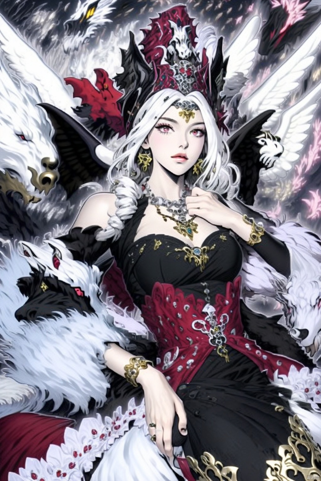 1girl solo red eyes hat dress jewelry white hair wings necklace bracelet drill hair ring