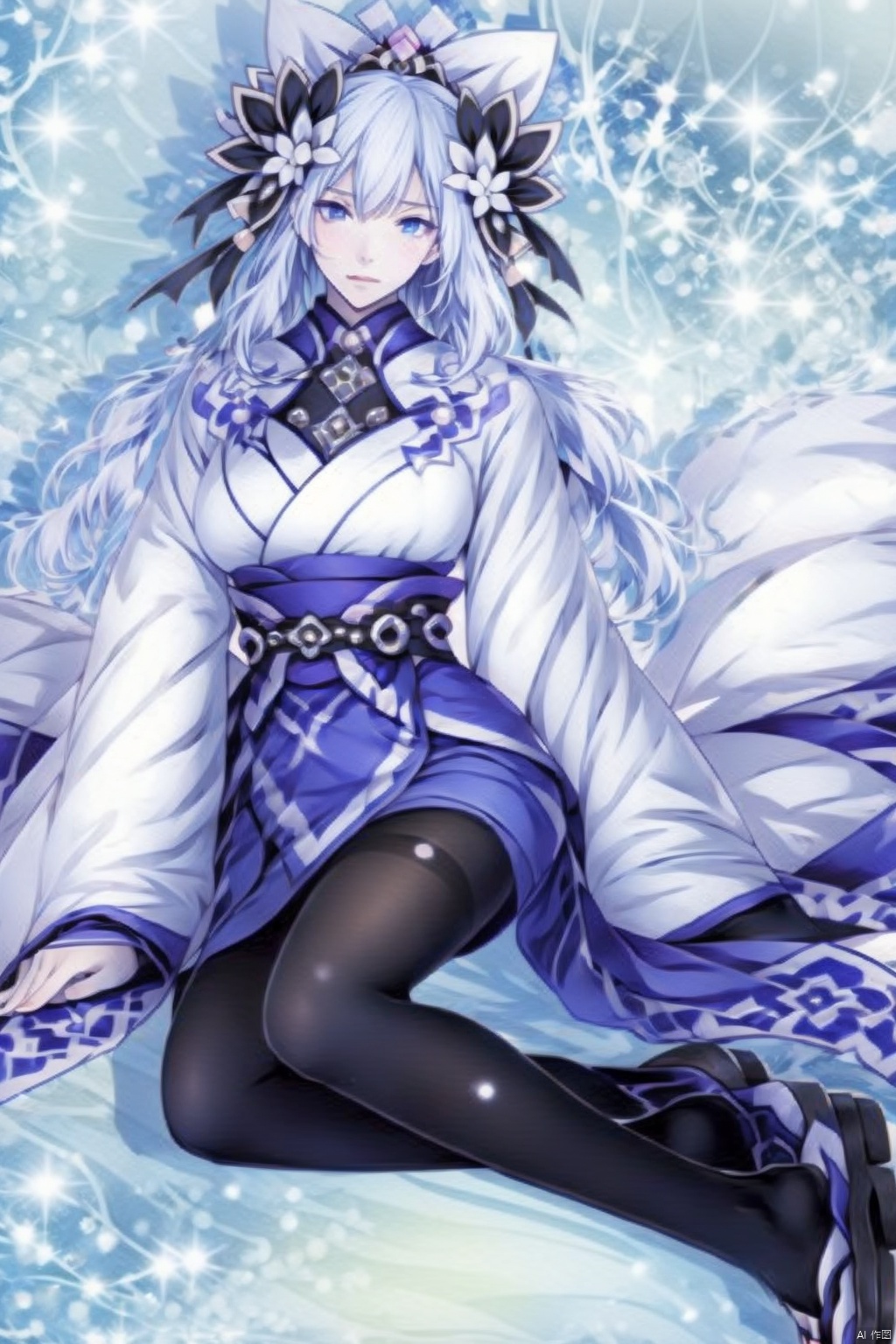 1girl solo long hair looking at viewer blue eyes hair ornament ribbon sitting full body white hair pantyhose japanese clothes kimono black pantyhose sandals