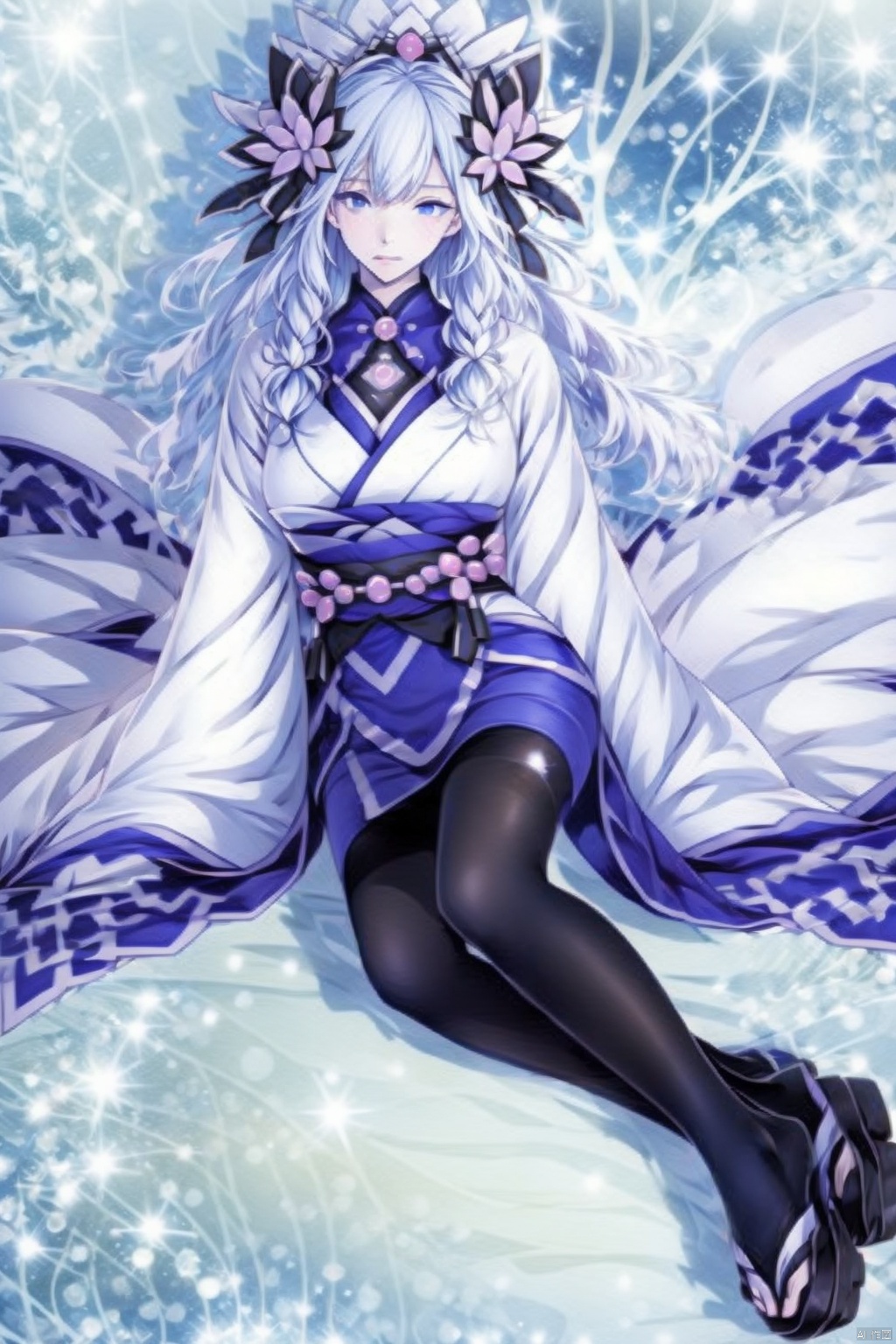 1girl solo long hair looking at viewer blue eyes hair ornament ribbon sitting full body white hair pantyhose japanese clothes kimono black pantyhose sandals