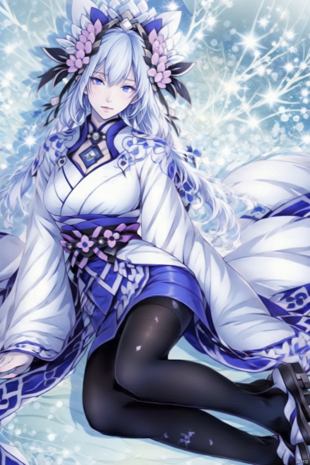 1girl solo long hair looking at viewer blue eyes hair ornament ribbon sitting full body white hair pantyhose japanese clothes kimono black pantyhose sandals