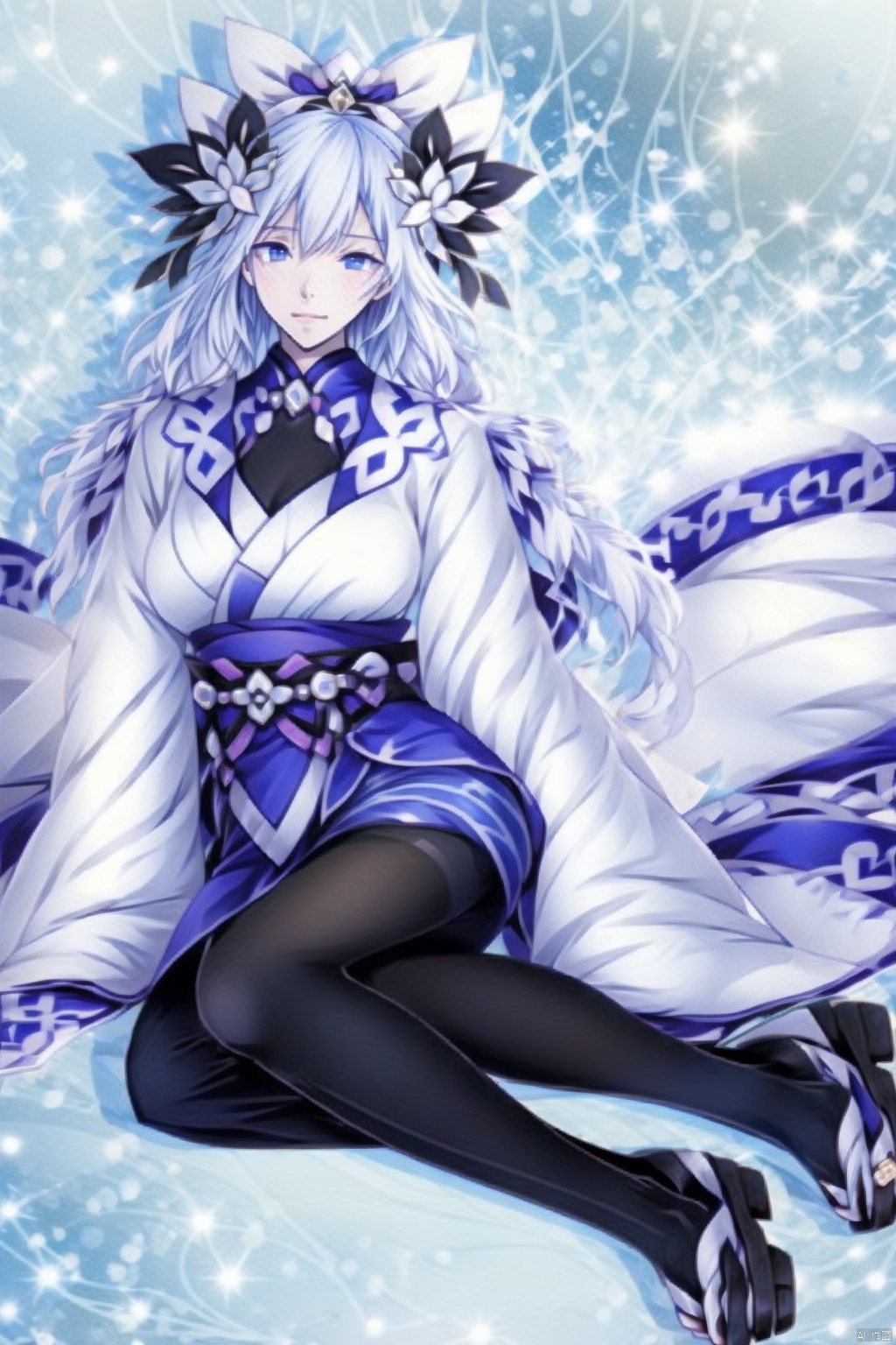1girl solo long hair looking at viewer blue eyes hair ornament ribbon sitting full body white hair pantyhose japanese clothes kimono black pantyhose sandals