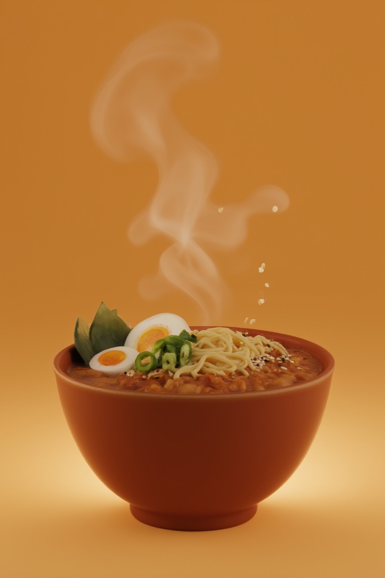 A close-up shot of a steaming hot cup of ramen noodles on a blank background,  rendered in Unreal Engine. The noodles are...