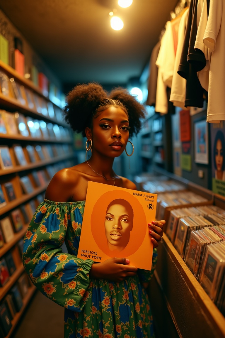 This photograph captures a young woman with dark skin and curly hair styled in two buns,  standing in a dimly lit record s...