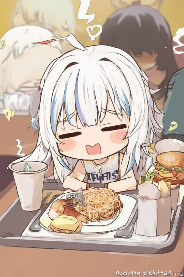 1girl, 

gawr gura, 

spaghetti, =_=, plate, kfp, burger, t-shirt, chibi, fins, medium hair, eyebrows hidden by hair, fish tail, ahoge, disposable cup, multicolored hair, tray, ponytail, shirt, omelet, fruit, cup holder, food, french fries, open mouth, tail, cup, shrimp, shark tail, chicken, closed eyes, blue hair, streaked hair, sleeping, fried chicken, sitting, grey hair, :<, blush stickers, pasta, zzz, table, blush, lemon, virtual youtuber, alternate costume, sauce, solo,

masterpiece, newest, absurdres, safe