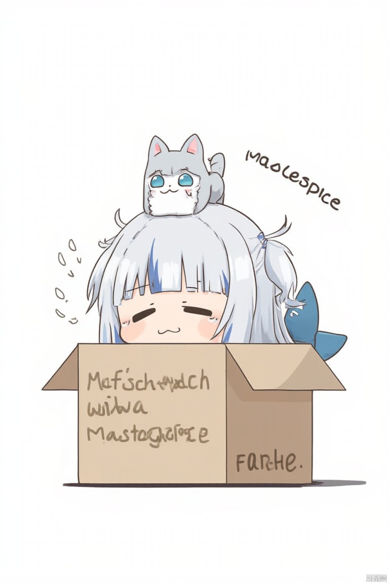 1girl, 

gawr gura, 

white background, cat on head, chibi, fins, blue eyes, fish tail, multicolored hair, box, creature, blunt bangs, on head, tail, shark tail, in container, in the face, wavy mouth, motion lines, blue hair, streaked hair, cardboard box, grey hair, shark hair ornament, animalization, tears, blush, looking at creature, virtual youtuber, english text, simple background, animal on head, animal, two side up, closed mouth, teardrop, hair ornament, solo, tearing up, in box,

masterpiece, newest, absurdres, safe