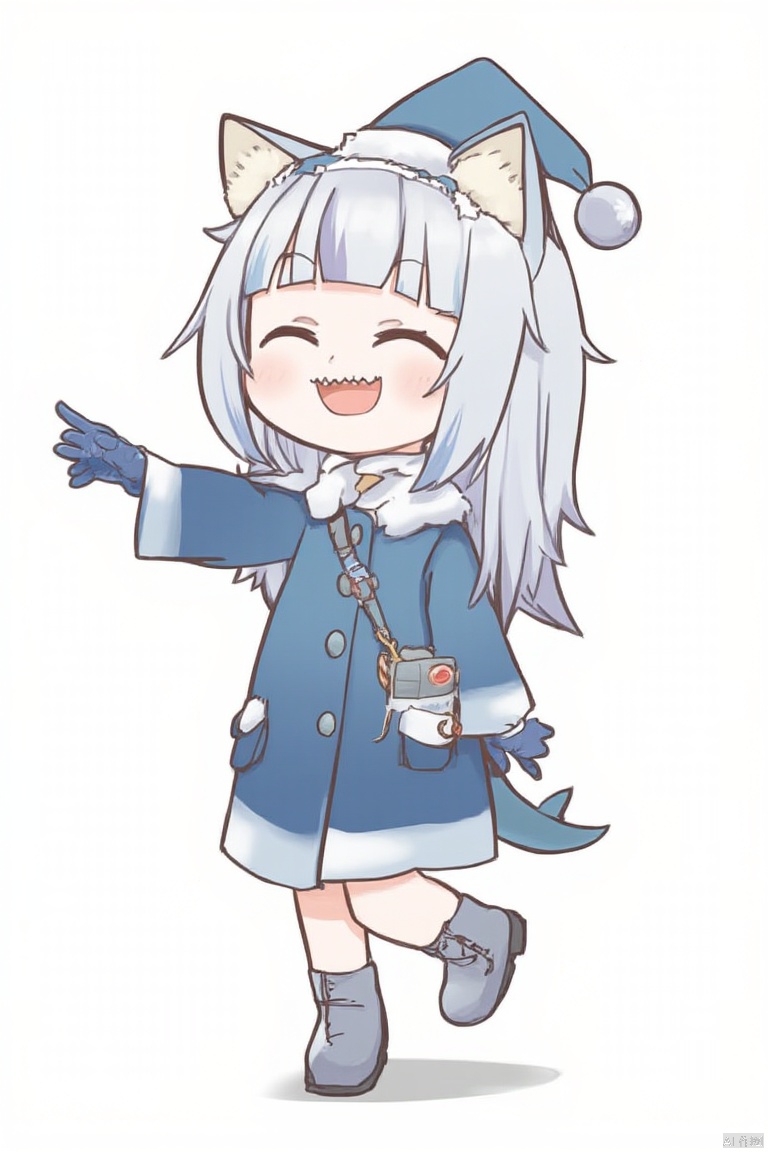 1girl, 

gawr gura, 

white background, coat, blue gloves, cat ears, outstretched arm, animal ears, chibi, fins, standing, :d, fish tail, blue coat, animal hands, multicolored hair, blunt bangs, boots, shoulder bag, open mouth, tail, hat, pom pom (clothes), shrimp, shark tail, closed eyes, shark girl, streaked hair, v-shaped eyebrows, grey hair, bag, fur trim, paw gloves, smile, sharp teeth, teeth, standing on one leg, gloves, virtual youtuber, alternate costume, simple background, winter clothes, jacket, solo, foot out of frame, fur collar,

masterpiece, newest, absurdres, safe