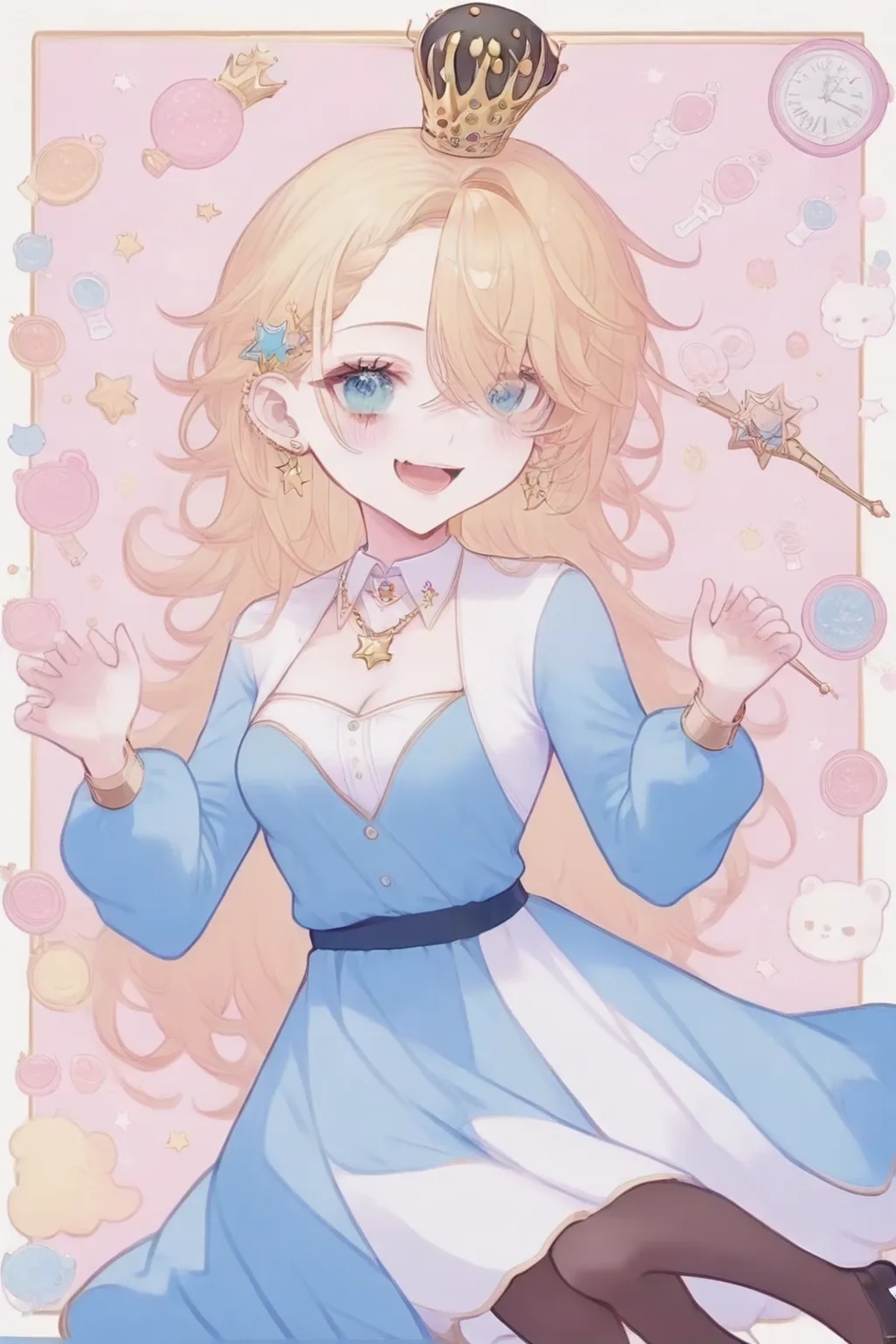 1girl，tsb1111, long hair, pantyhose, blonde hair, dress, crossover, star \(symbol\), armlet, smile, jewelry, long dress, star print, blush, hair over one eye, holding wand, white dress, pink background, necklace, long sleeves, holding, hand on own hip, looking at viewer, wand, earrings, puffy long sleeves, puffy sleeves, blue eyes, star wand, crown, aqua dress, aqua eyes, star earrings, open mouth, masterpiece, newest, absurdres, safe <lora:tsb1111:1>