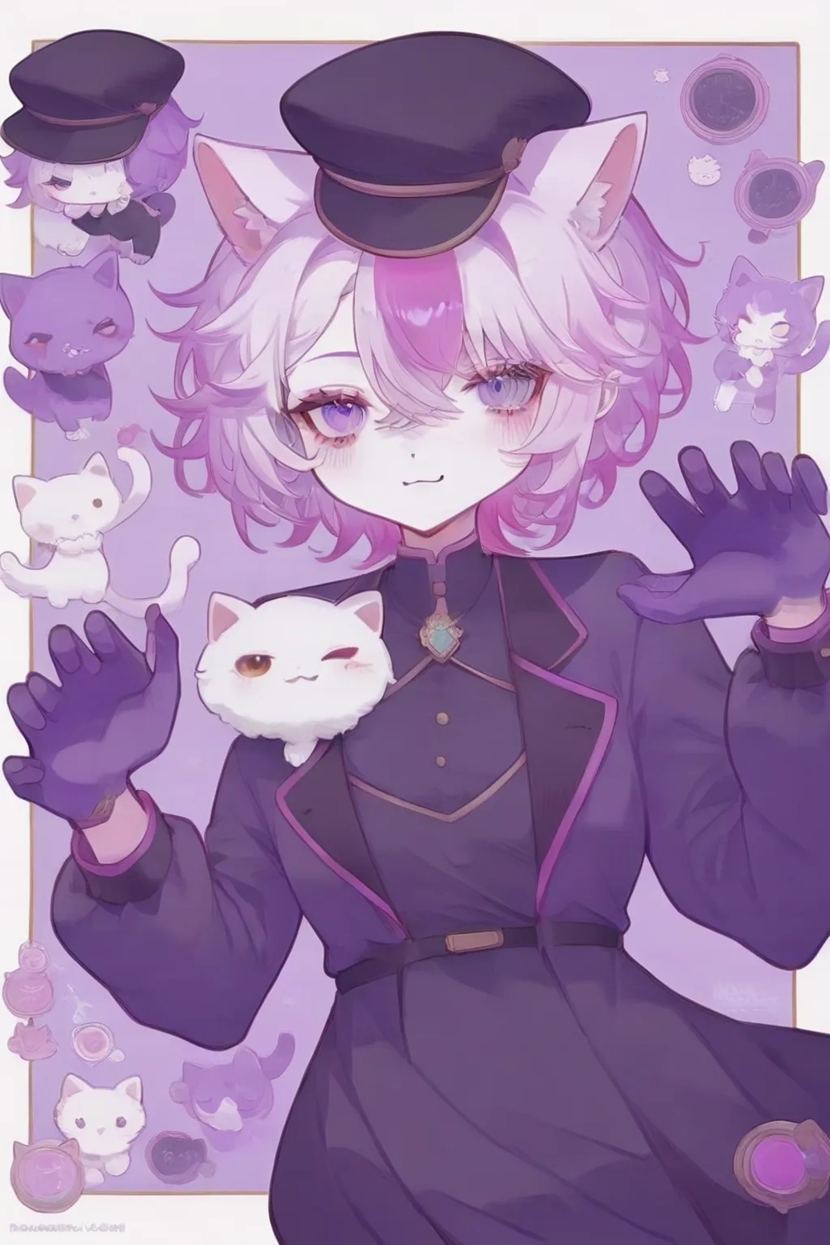 1girl，tsb1111, furry, colored skin, gloves, brown headwear, hat, green headwear, looking at viewer, long sleeves, standing, pokemon \(creature\), purple skin, dress, full body, medium hair, white hair, white eyes, animal ears, black gloves, hands up, purple theme, purple background, own hands together, hair over one eye, cat girl, pink sclera, black dress, closed mouth, white skin, one eye covered, colored sclera, cat ears, furry female, masterpiece, newest, absurdres, safe <lora:tsb1111:1>