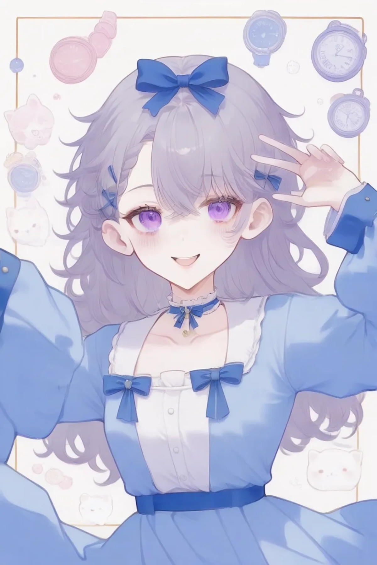 1girl，tsb1111, puffy sleeves, juliet sleeves, ribbon-trimmed dress, ribbon, long hair, grey hair, very long hair, looking at viewer, blue choker, hair over one eye, long sleeves, hair ribbon, choker, simple background, solo, hands up, parted lips, blue ribbon, blush, blue dress, dress, holding, wide sleeves, sleeves past wrists, purple eyes, collarbone, frills, white background, frilled sleeves, smile, ribbon trim, frilled choker, masterpiece, newest, absurdres, safe <lora:tsb1111:1>