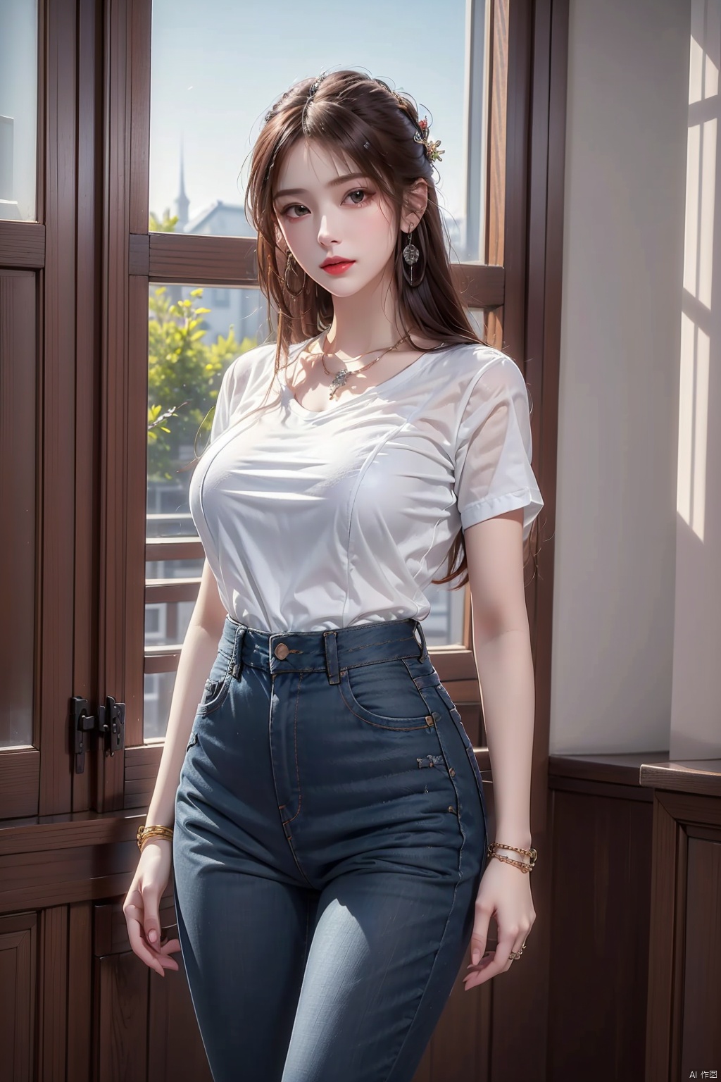  8K image. ((poakl)),叶倾仙,1girl, solo, long hair, breasts, looking at viewer, large breasts, shirt, black hair, jewelry, standing, white shirt, short sleeves, cowboy shot, earrings, parted lips, day, collared shirt, pants, indoors, necklace, bracelet, lips, window, plant, denim, jeans, hoop earrings, blue pants, red lips, shirt tucked in, high-waist pants