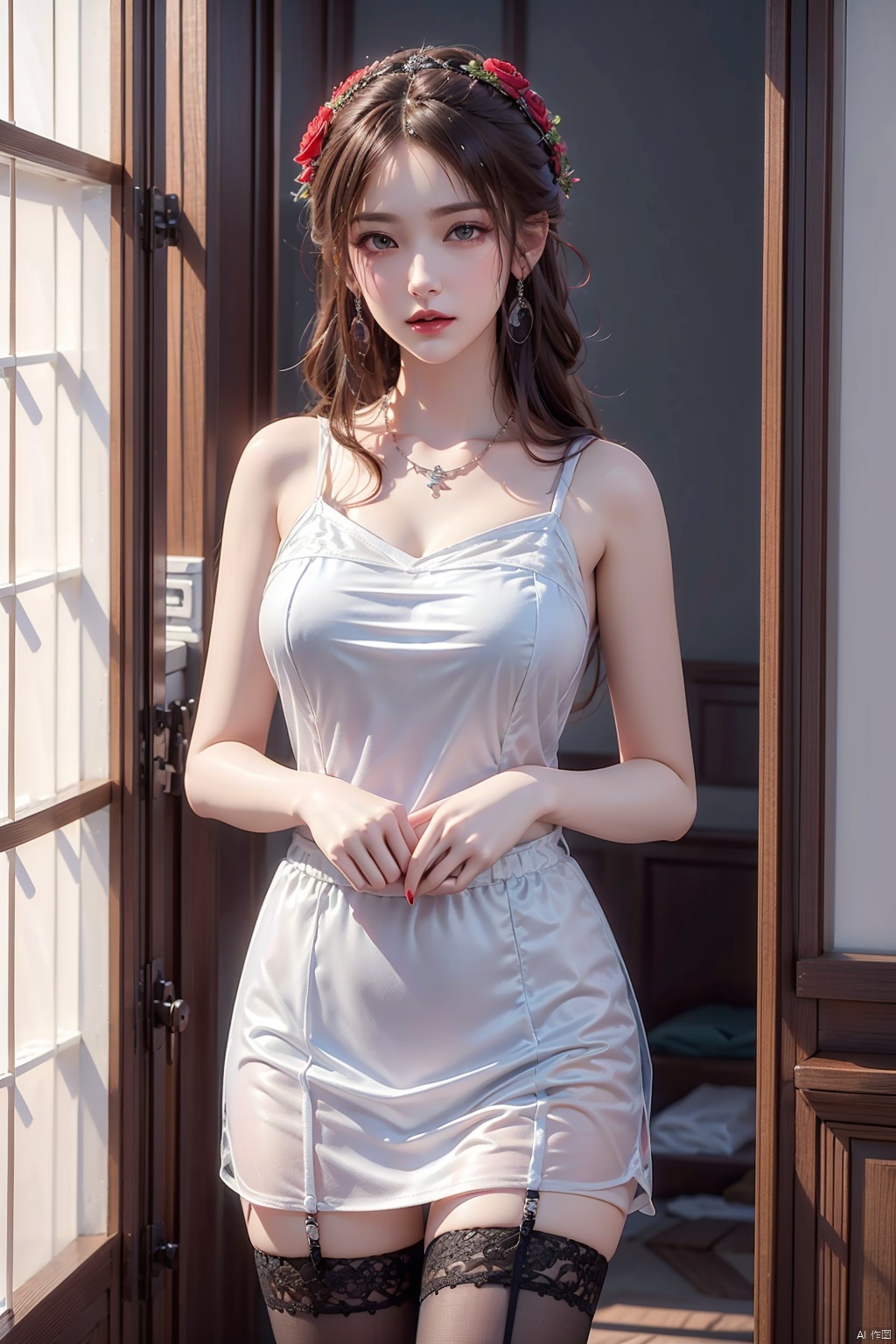  8K image. ((poakl)),叶倾仙,1girl, solo, long hair, breasts, looking at viewer, black hair, thighhighs, dress, holding, bare shoulders, jewelry, medium breasts, closed mouth, standing, collarbone, flower, cowboy shot, earrings, sleeveless, black thighhighs, indoors, necklace, black dress, lips, makeup, sleeveless dress, rose, garter straps, lipstick, red flower, red nails, side slit, red rose, red lips, lamp, blinds