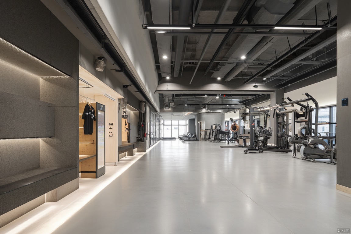 Indoor gym, modern gym, light gray floor, industrial style,SPA