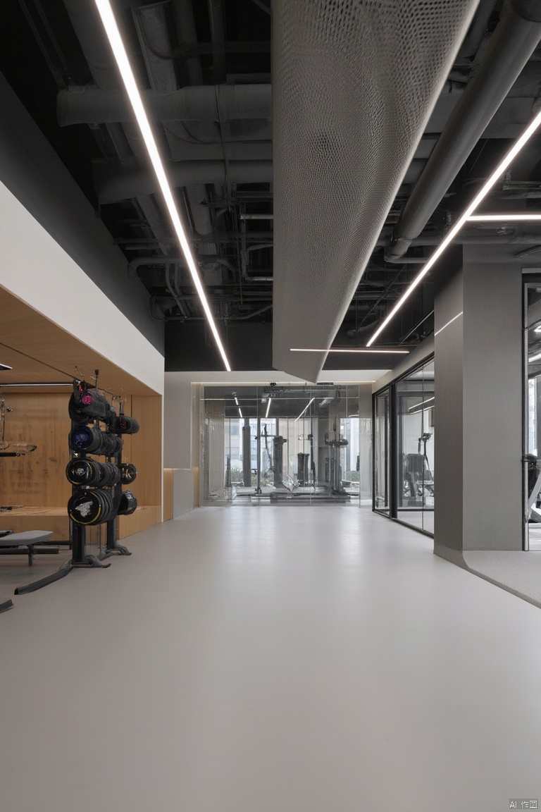 Indoor gym, modern gym, light gray floor, industrial style,SPA