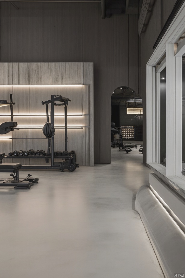 Indoor gym, modern gym, light gray floor, industrial style