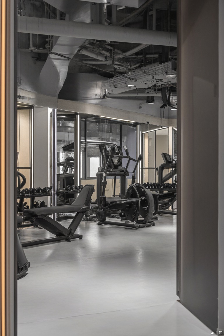 Indoor gym, modern gym, light gray floor, industrial style,SPA