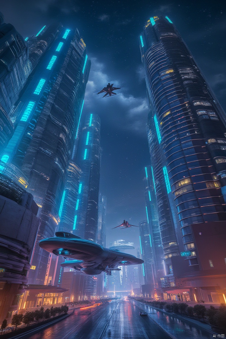 A futuristic cityscape at night, with towering skyscrapers illuminated by neon lights and holographic displays. The scene is framed from a low angle, capturing the grandeur of the buildings against a starry sky. The composition is dynamic, with a sense of movement from flying cars zipping through the air. The lighting is dramatic, highlighting the sleek, metallic surfaces of the structures. The overall atmosphere is one of advanced technology and vibrant urban life.