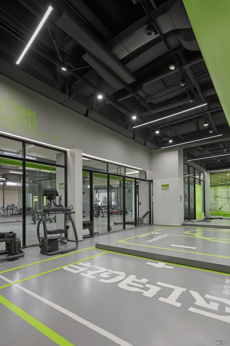 Indoor gym, modern gym, light gray floor, industrial style