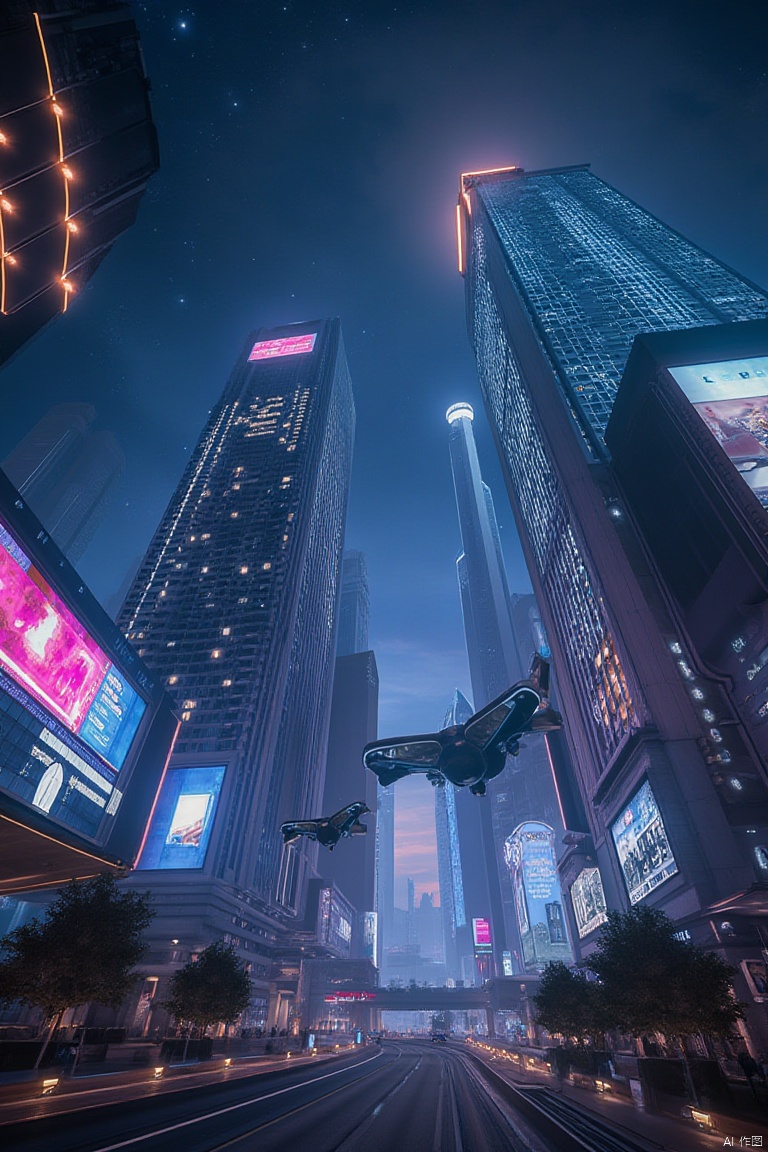 A futuristic cityscape at night, with towering skyscrapers illuminated by neon lights and holographic displays. The scene is framed from a low angle, capturing the grandeur of the buildings against a starry sky. The composition is dynamic, with a sense of movement from flying cars zipping through the air. The lighting is dramatic, highlighting the sleek, metallic surfaces of the structures. The overall atmosphere is one of advanced technology and vibrant urban life.