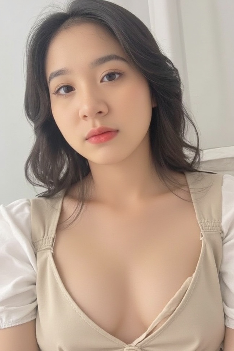 a stunning Korean woman dressed in a Sexy Underboobs Bikini. Natural lighting casts a warm glow on her porcelain skin,  bl...