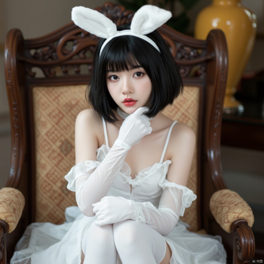 a young woman seated on an ornate chair. She is wearing white thighhighs with lace detailing, white gloves, and white panties. She has on white bunny ears, which are realistic in appearance. Her black hair is styled in a bob, and she is looking directly at the viewer. The background is blurry, but it seems to be an indoor setting with a hint of a yellow object, possibly a vase or decorative item.