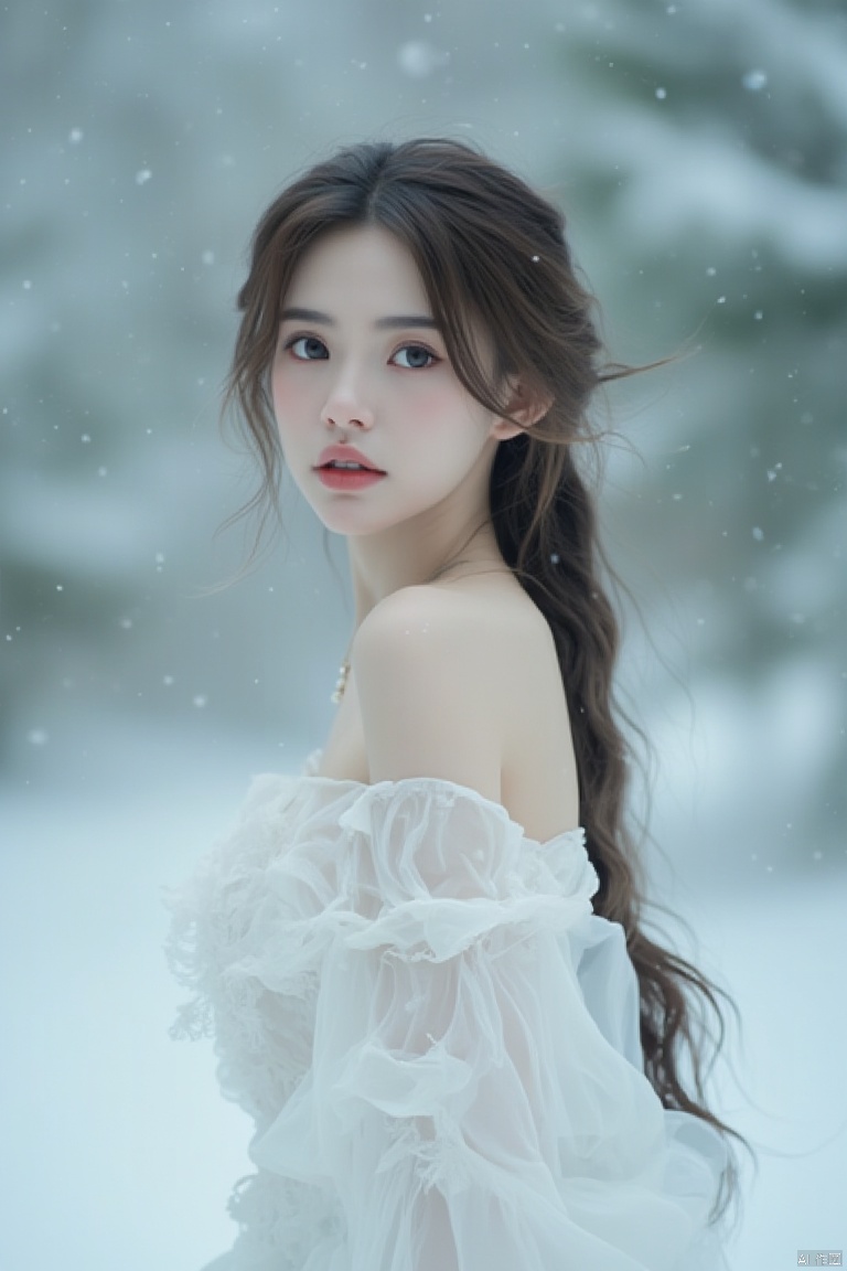 ethereal woman in white dress, snow-covered trees in the background, soft lighting, serene and dreamy atmosphere, delicate and ethereal atmosphere, close-up shot, gentle expression, gentle snowfall, soft focus background