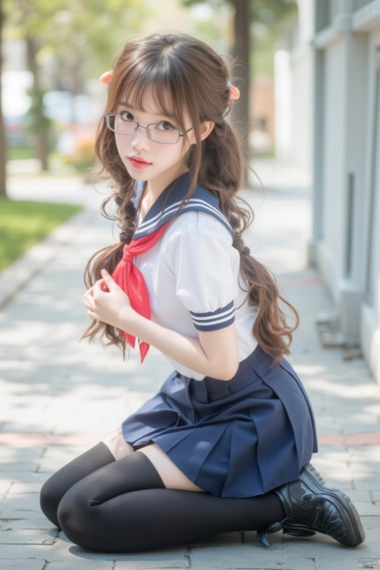 young woman,asian,solo,skirt,twintails,school uniform,sitting,thighhighs,pleated skirt,long hair,serafuku,sailor collar,shoes,shirt,outdoors,short sleeves,glasses,neckerchief,day,red neckerchief,loafers,looking at viewer,black thighhighs,brown hair,blue skirt,white shirt,full body,realistic,black footwear,blurry,red lips,brown eyes,building,