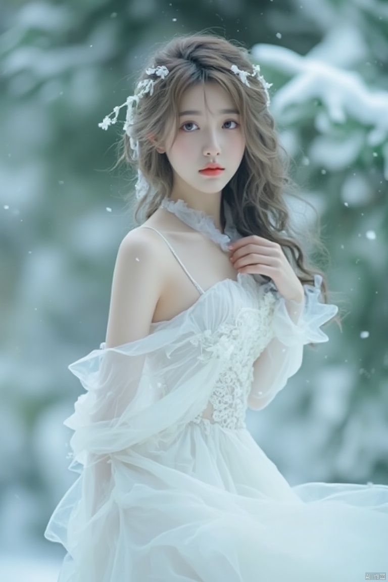ethereal woman in white dress, snow-covered trees in the background, soft lighting, serene and dreamy atmosphere, delicate and ethereal atmosphere, close-up shot, gentle expression, gentle snowfall, soft focus background