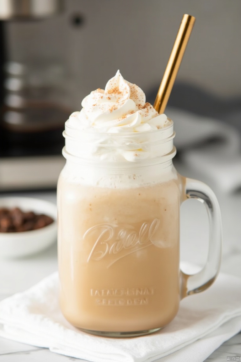 whipped cream and a sprinkle of cinnamon. A gold straw is inserted into the jar. The background is blurred, but it appears to be a kitchen countertop with a white cloth napkin and a small bowl of coffee beans.