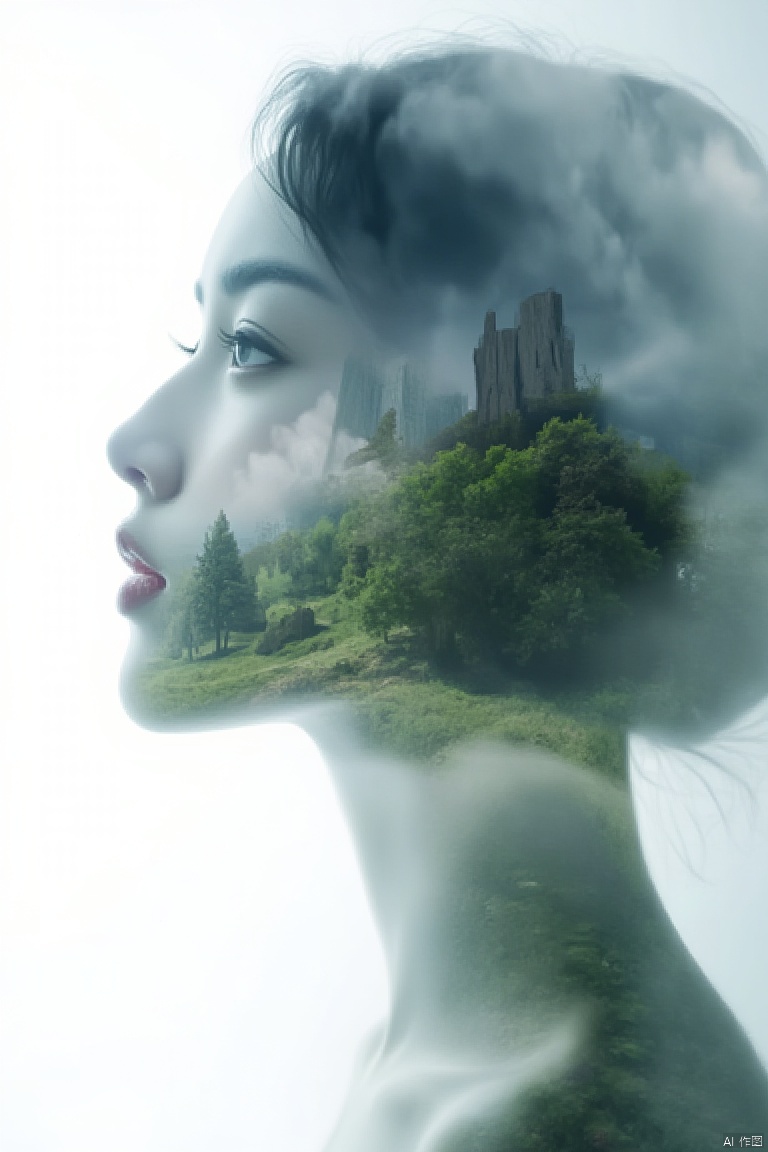 Using double exposure technique, beautiful natural scenery, misty human head contours, close ups, completely overlaid and fused together to form a stunning and unique image, creating a new artistic conception. The background is clean, surreal, black and white, creative composition, perfect fusion, professional photography master, CG sense