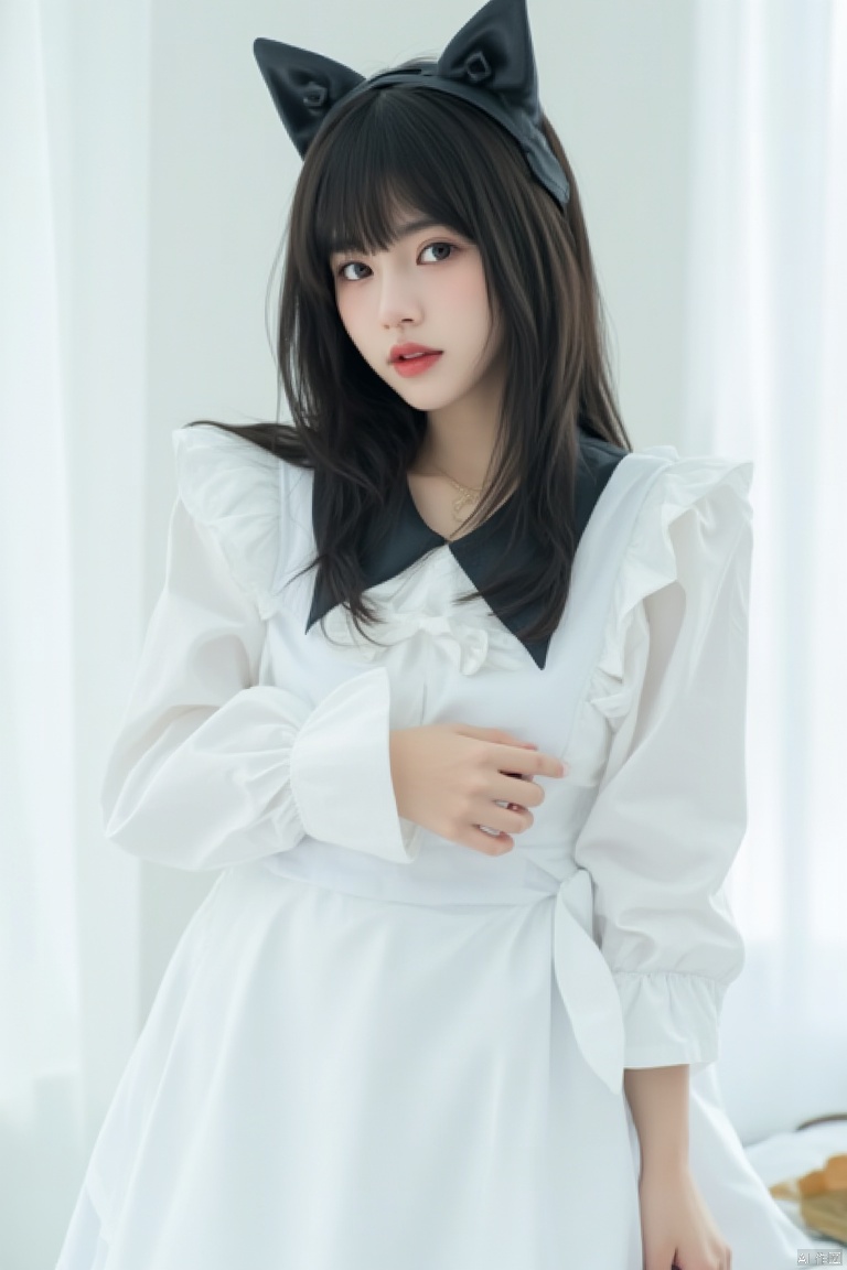 a young woman posing in a white dress with a black collar and a white apron. she is standing in front of a white wall with white curtains in the background. the woman has long dark hair styled in a cat ears headband with black cat ears on top. she has a serious expression on her face and is looking directly at the camera. the dress is made of a light-colored fabric with a ruffled skirt and a black garter belt around, solo, long hair, animal ears, black hair, maid, realistic, cat ears, dress, brown eyes