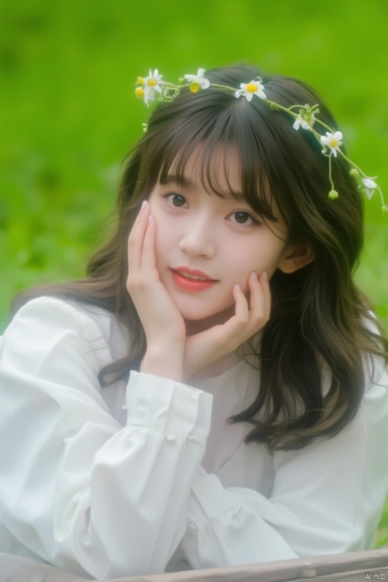 Photograph, woman in white dress with floral crown, lying on wooden surface, green background, soft lighting, serene expression, hand near face, watermark in the bottom right corner