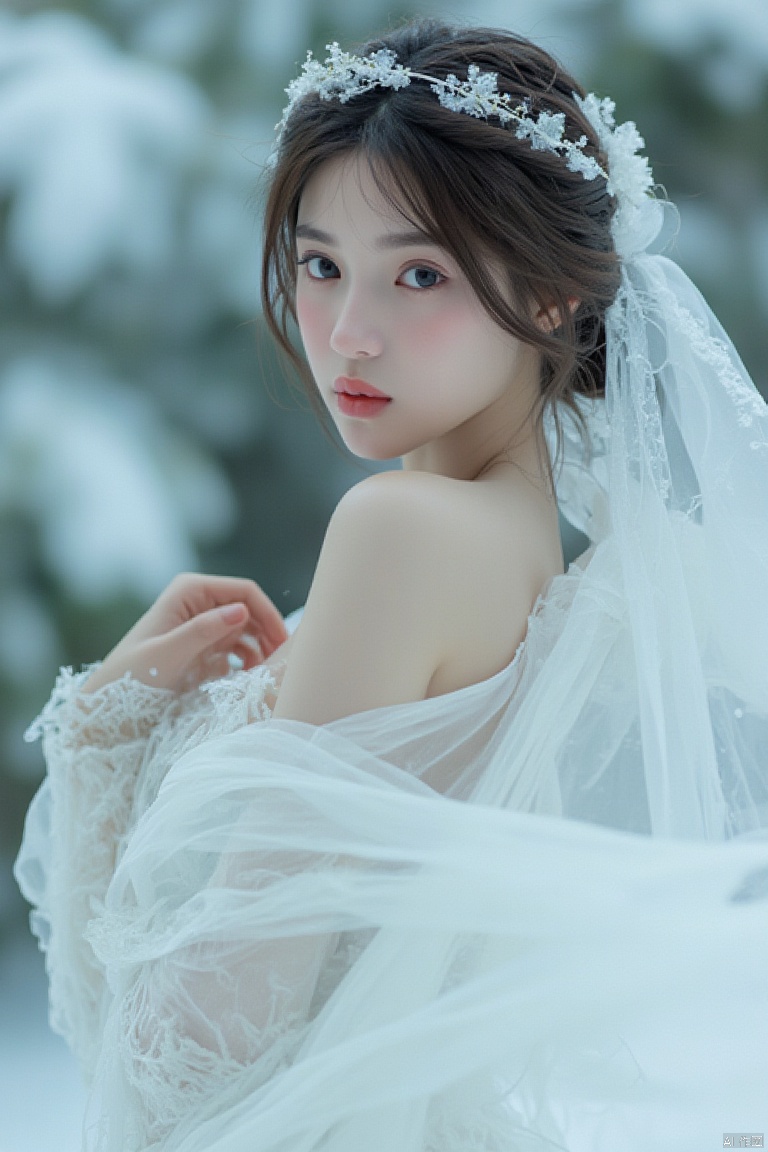 ethereal woman in white dress, snow-covered trees in the background, soft lighting, serene and dreamy atmosphere, delicate and ethereal atmosphere, close-up shot, gentle expression, gentle snowfall, soft focus background