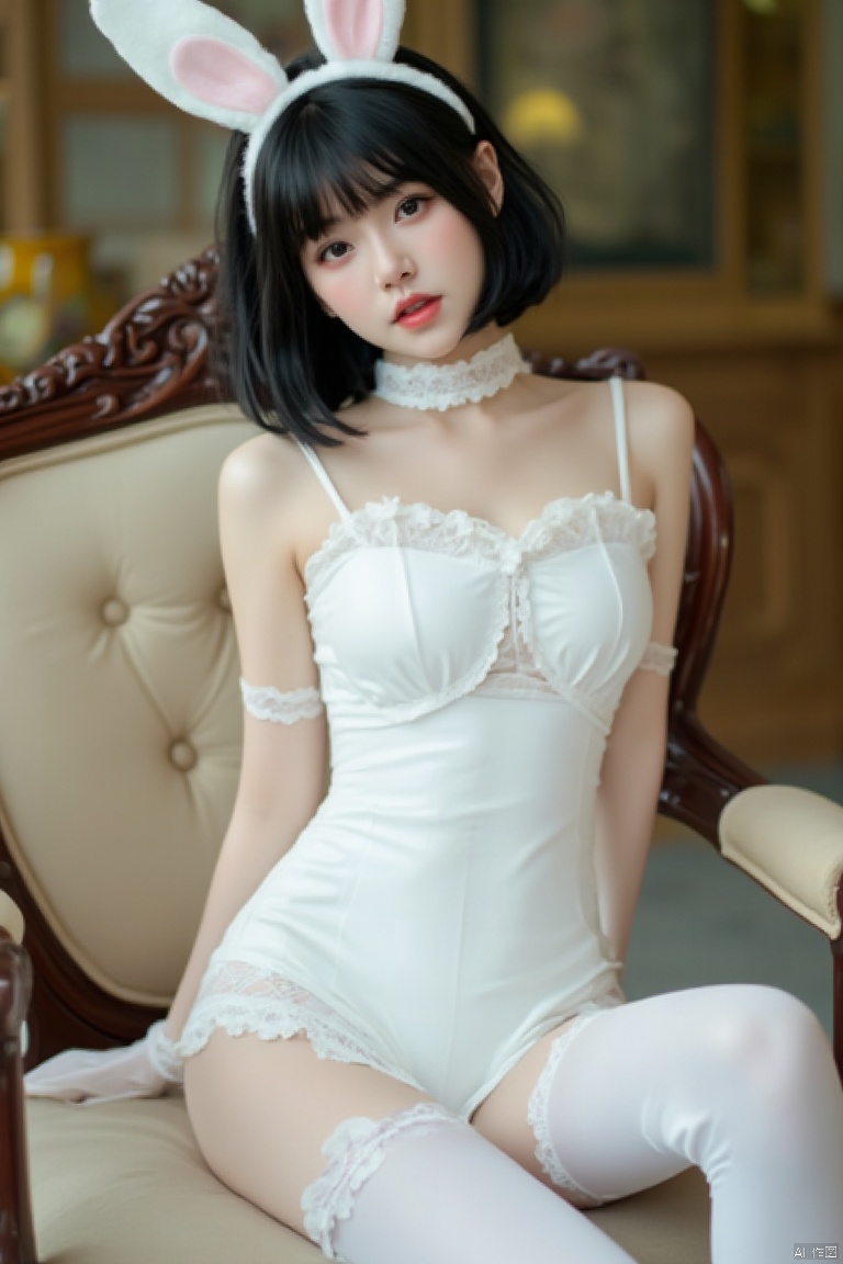 a young woman seated on an ornate chair. She is wearing white thighhighs with lace detailing,  white gloves,  and white pa...